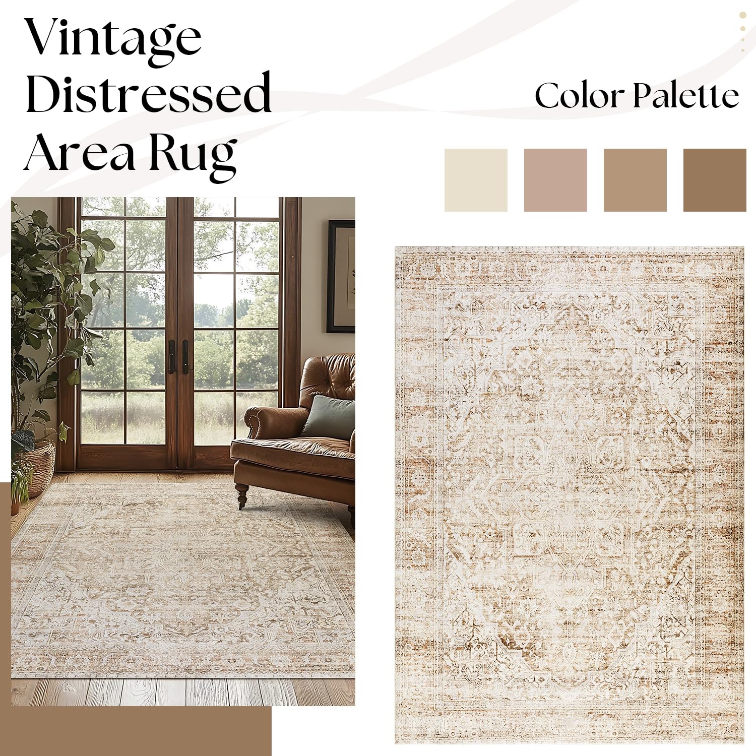 Bileehome 8X10 Washable Large Area Rugs For Living Room,Neutral Boho Modern Farmhouse Rug For Bedroom,Beige Tan