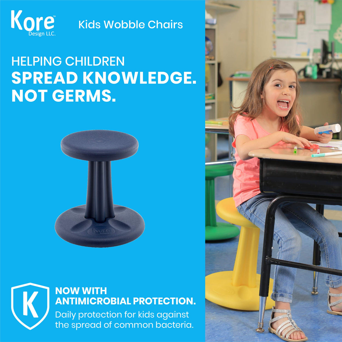 KORE DESIGN Wobble Stool Chair, Girls + Boys Kid Desk Stools, Ergonomic Small Office Chairs, Flexible Seating for Active Kids, ADD/ADHD, Classroom, School, Home, Preschool (12in) Age 4-5 yr, Dark Blue