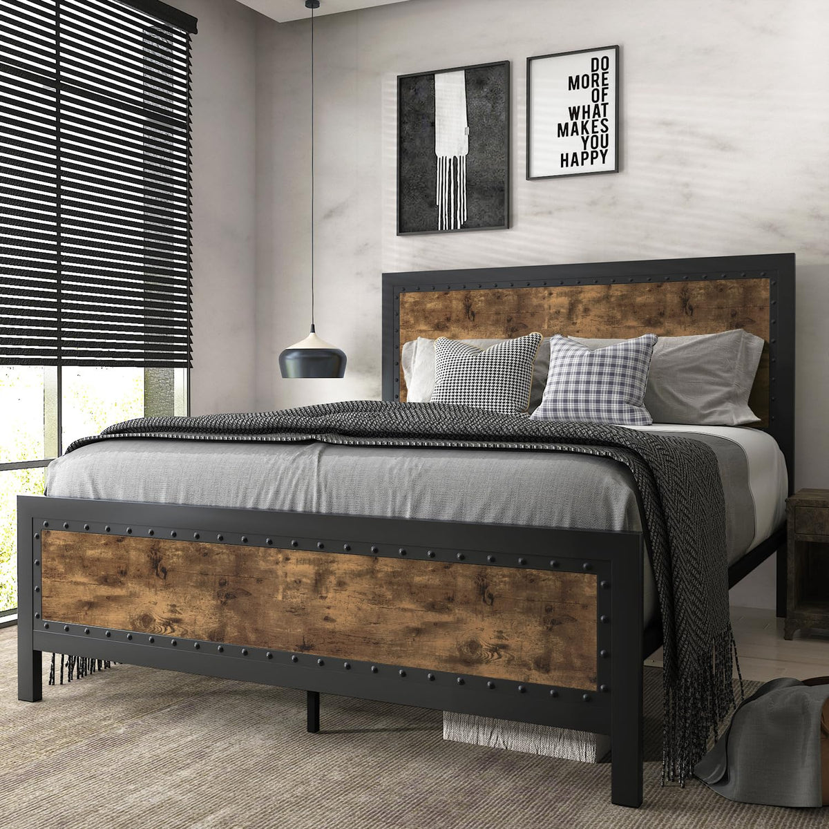 SHA CERLIN Grey Metal Bed Frame Queen, Industrial Wooden Platform Base with Rivet Headboard and Footboard, No Box Spring Needed