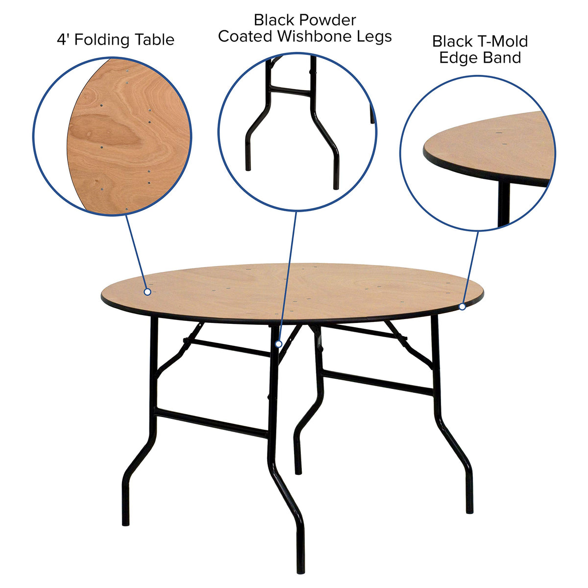 Flash Furniture Furman 4-Foot Round Wood Folding Banquet Table With Clear Coated Finished Top, 48 In Round, Natural