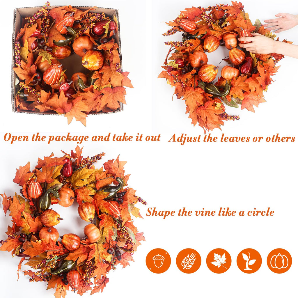 24 Inch Fall Wreath For Front Door Outside, Pumpkin Wreath With Maple, Acorn, Grain, Artificial Autumn Wreaths For Halloween Tha