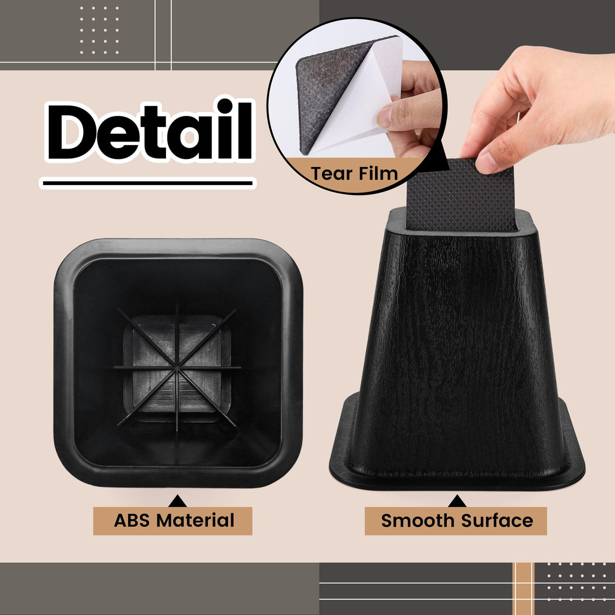 Btsd-Home Bed Risers 6 Inch Furniture Risers For College Dorm Bed Sofa Table Couch Chair Bed Raisers Blocks 4 Pack Black
