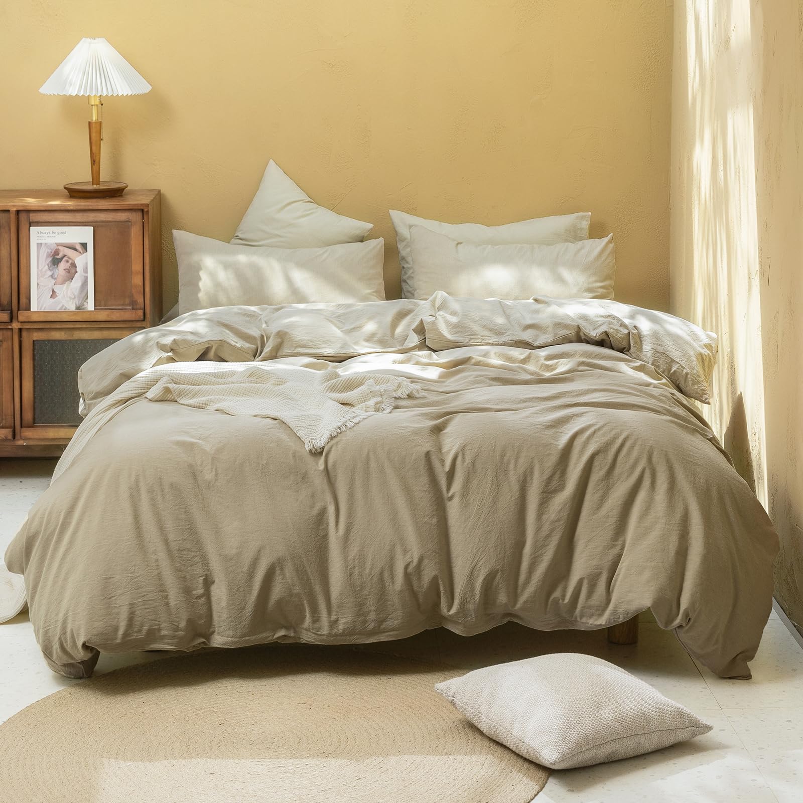 Fossa Duvet Cover Set 100% Washed Cotton Linen Feel Super Soft Breathable Cozy 3 Pieces Bedding Sets Solid Khaki King