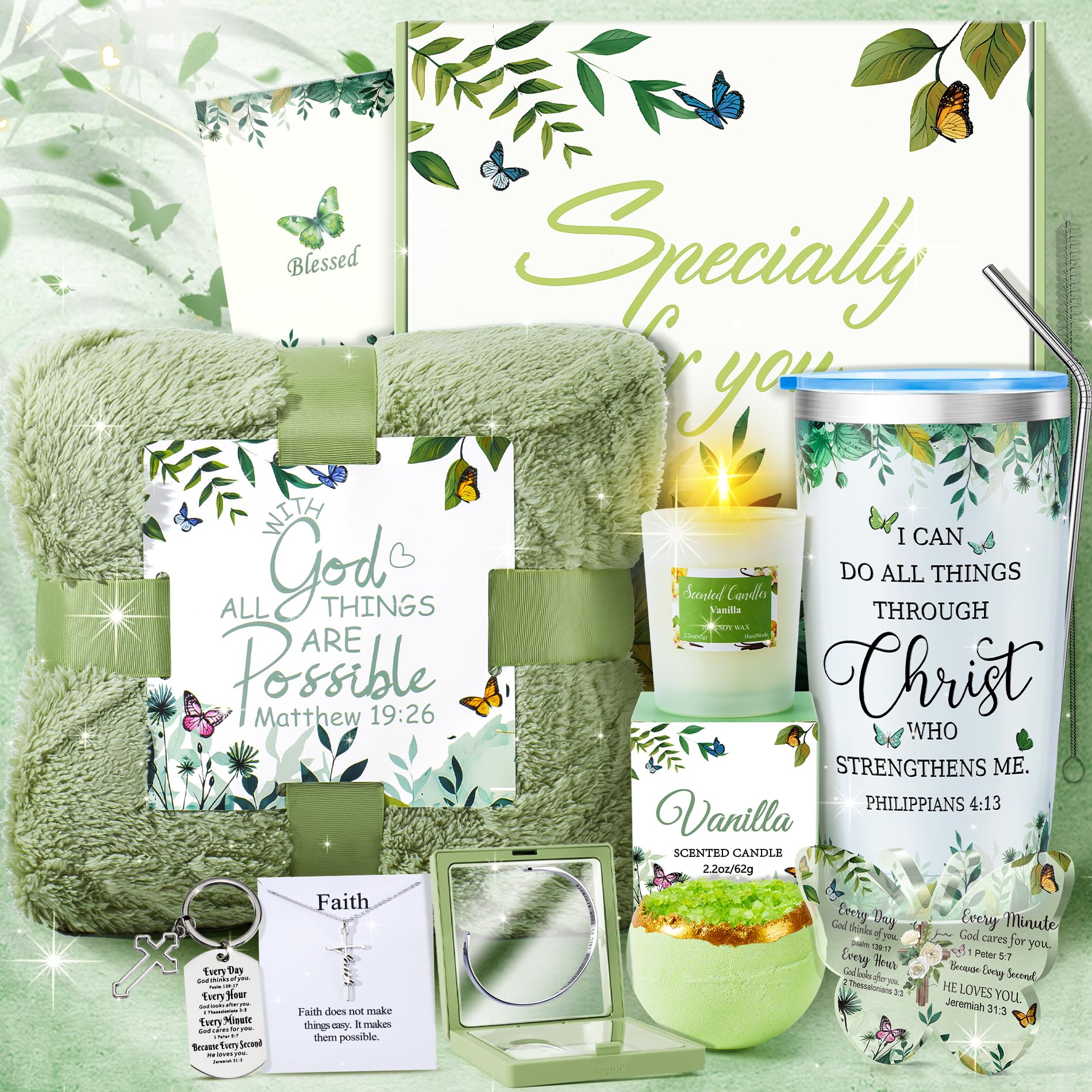 13Pcs Christian Gifts For Women Faith-Inspirational Gifts For Women, Green Self Care Gifts Get Well Soon Gifts Basket, Birthday
