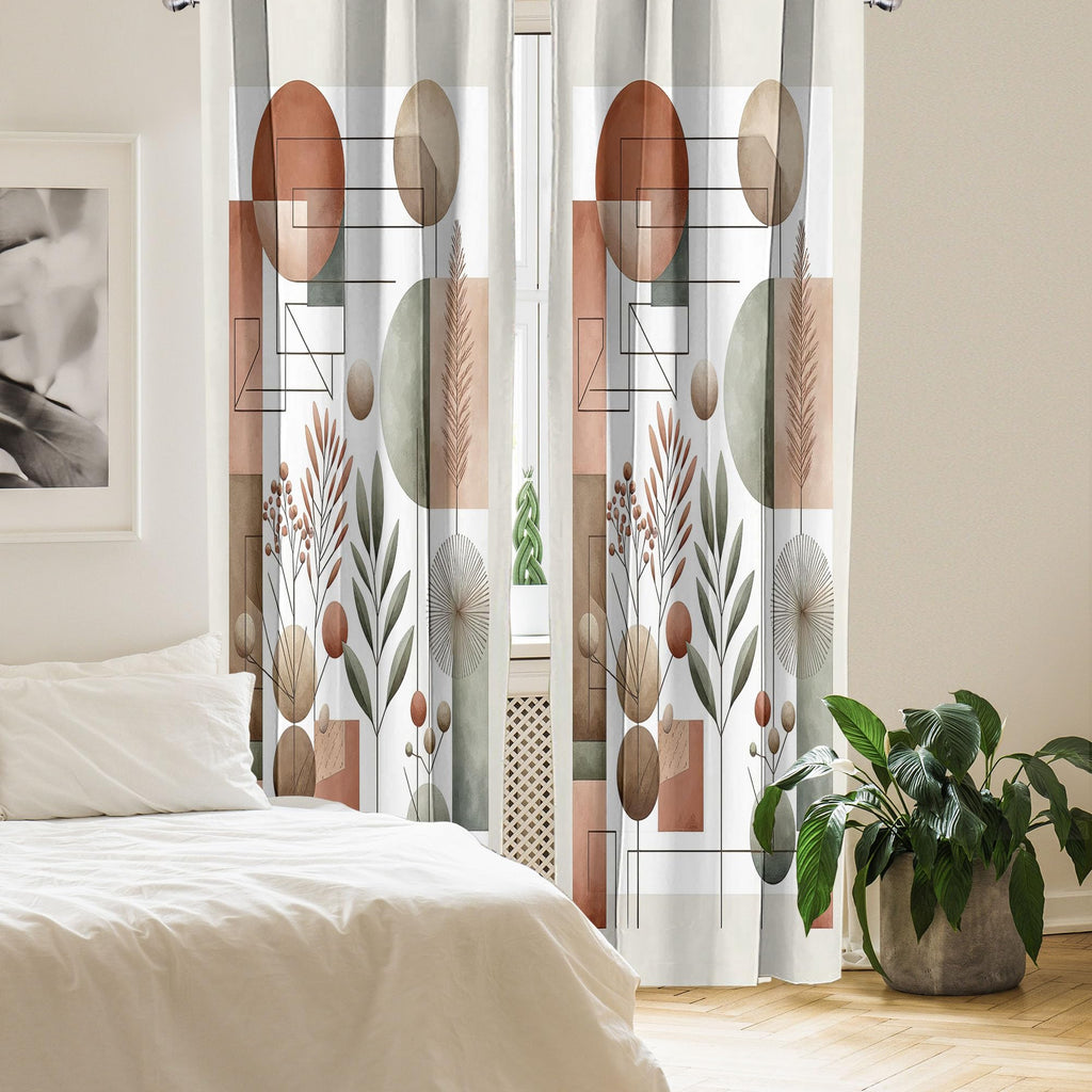 Ambesonne Mid Century Window Curtains Pack Of 2, Modern Boho Vibe Geometric Rounds And Rectangles With Leafy Branches, Lightweig