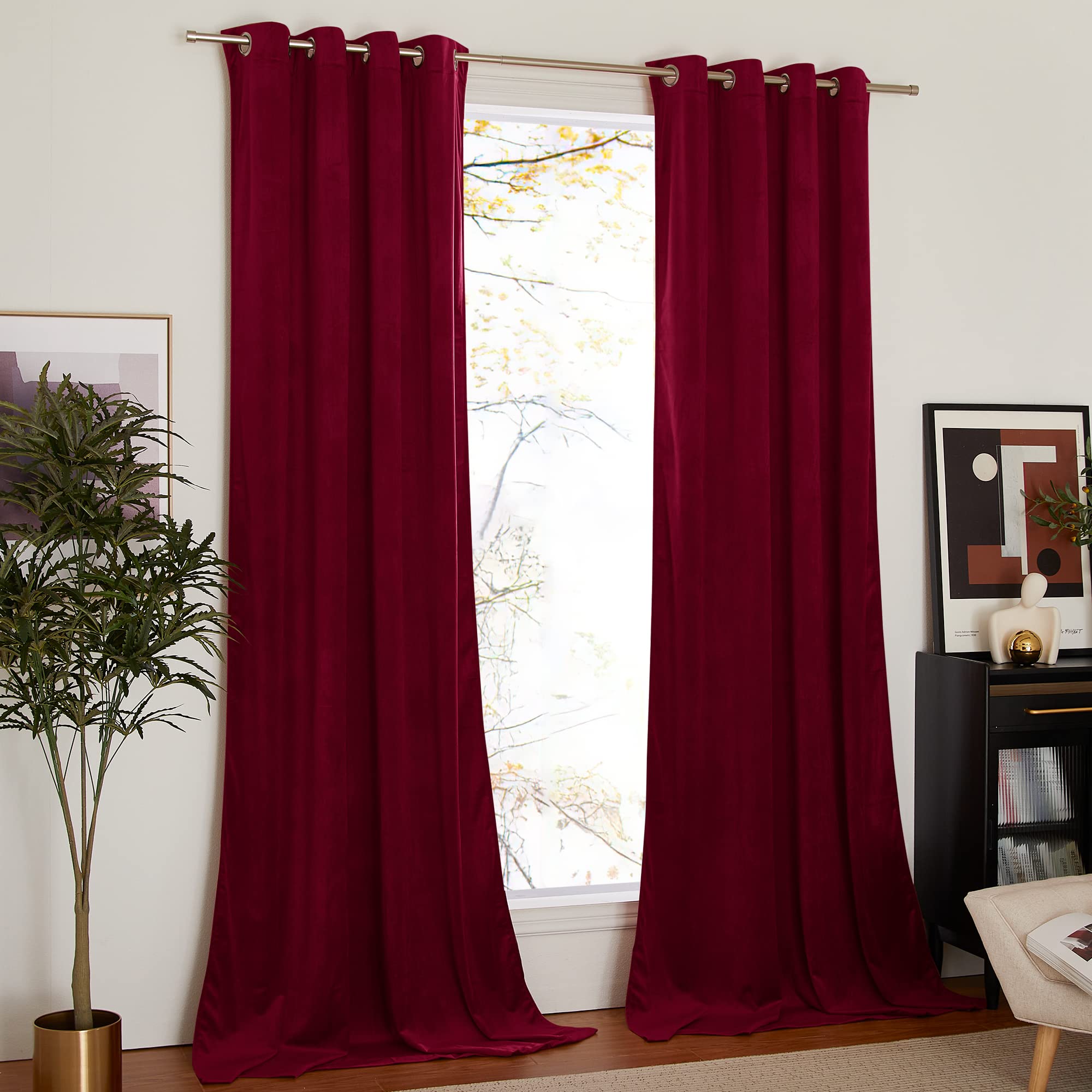 Nicetown Christmas Red Velvet Curtains Drapes, Super Soft Luxury Velvet Grommet Top Room Darkening Drapes For Home Decor (1 Pair