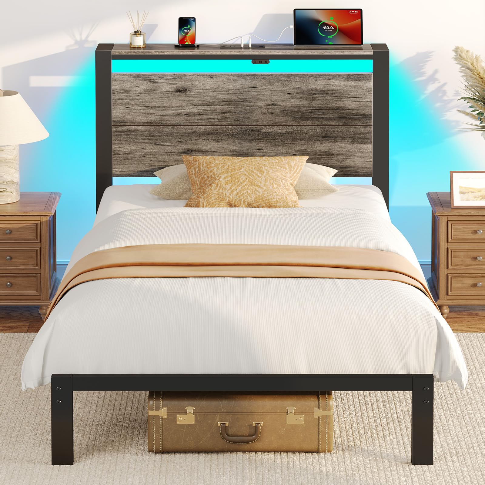 Rolanstar Bed Frame Twin Size with Charging Station, LED Twin Bed Frame with Wood Storage Headboard, Platform Bed with Metal Sla