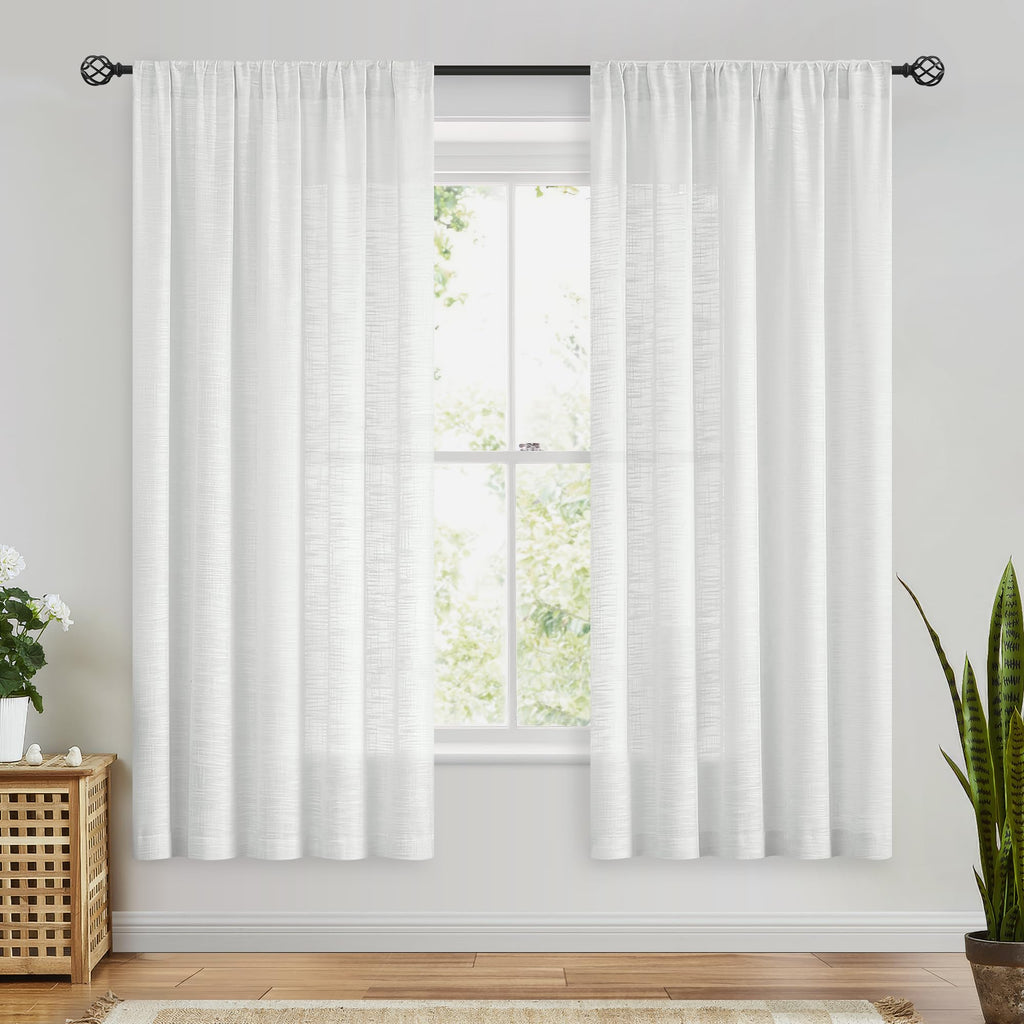 Fmfunctex Linen Semi Sheer White Curtains For Bedroom Living Room, Curtain Panels 72 Inches Length Sheer Linen Textured Window D