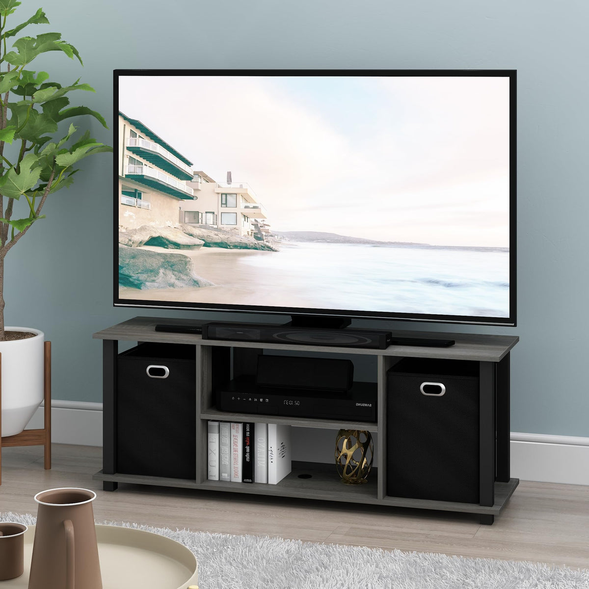 FURINNO Econ Entertainment Center, French Oak Grey/Black/Black