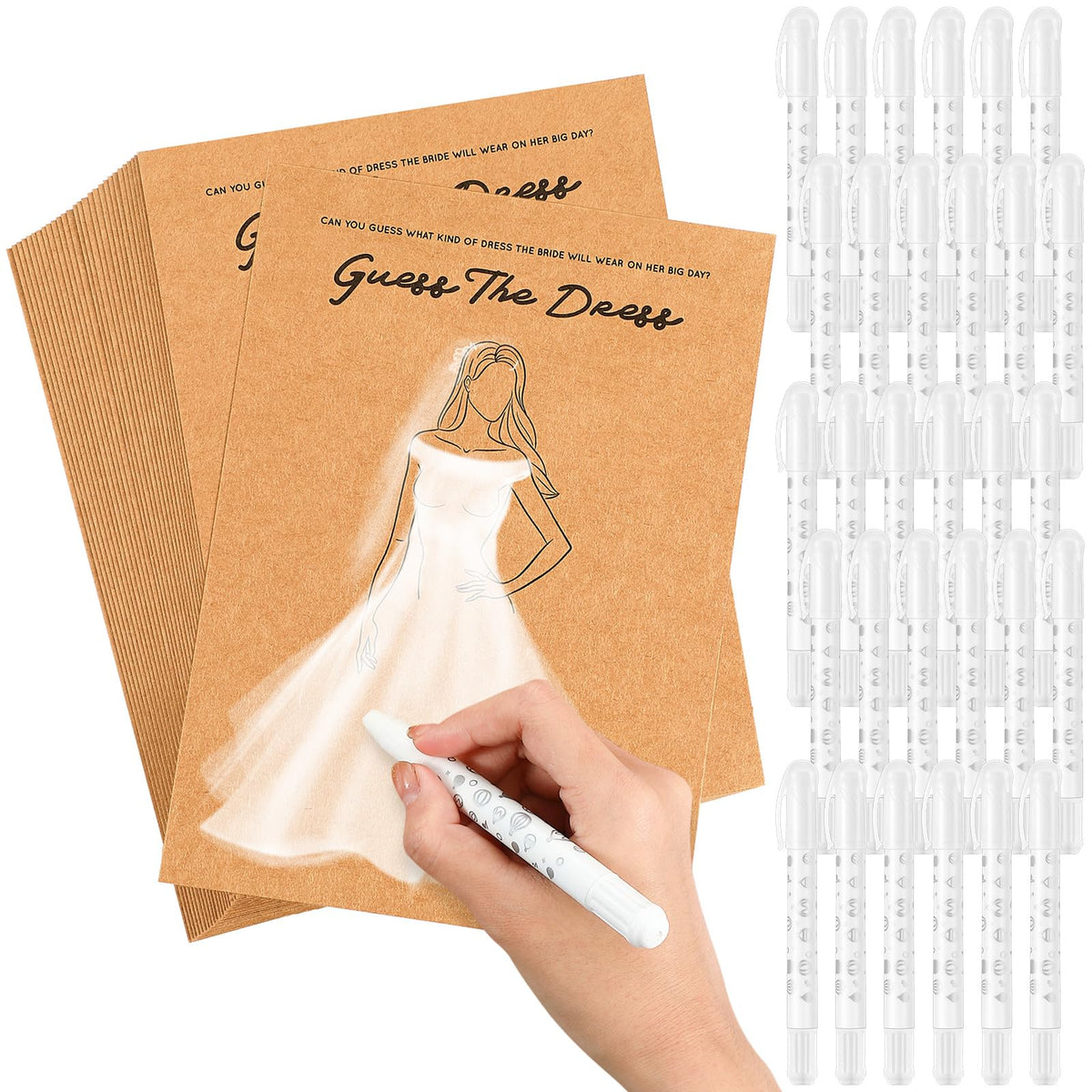Geyoga 30 Set Guess The Dress Bridal Shower Games for Guests, Include 30 Pcs 5 x 7 inch Wedding Shower Games Cards and 30 Pcs Wa