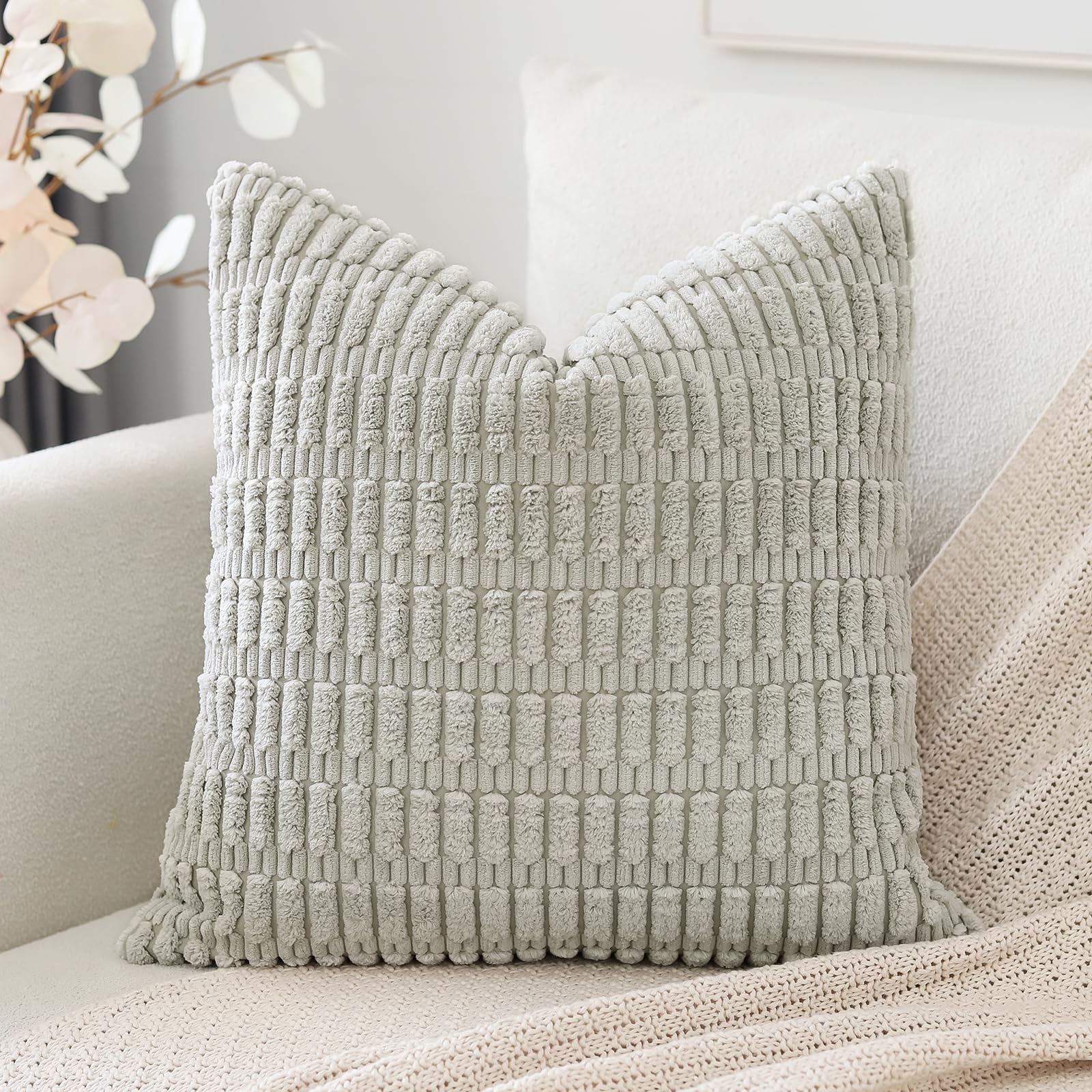 Otostar Corduroy Decorative Throw Pillow Covers 22X22 Inch Super Soft Boho Striped Square Pillow Covers Case Modern Cushion Covers For Sofa Couch Bedroom Car Decor Light Grey