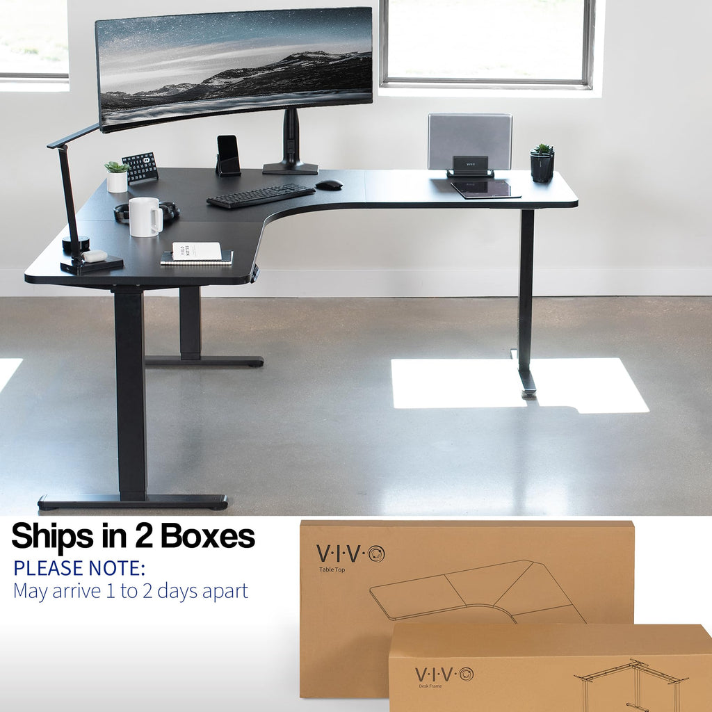 Vivo Electric Height Adjustable 71 X 71 Inch Curved Corner Stand Up Desk, Black Table Top, Black Frame, Memory Controller, L-Shaped Workstation, E3C Series, Desk-Kit-E3Cb2