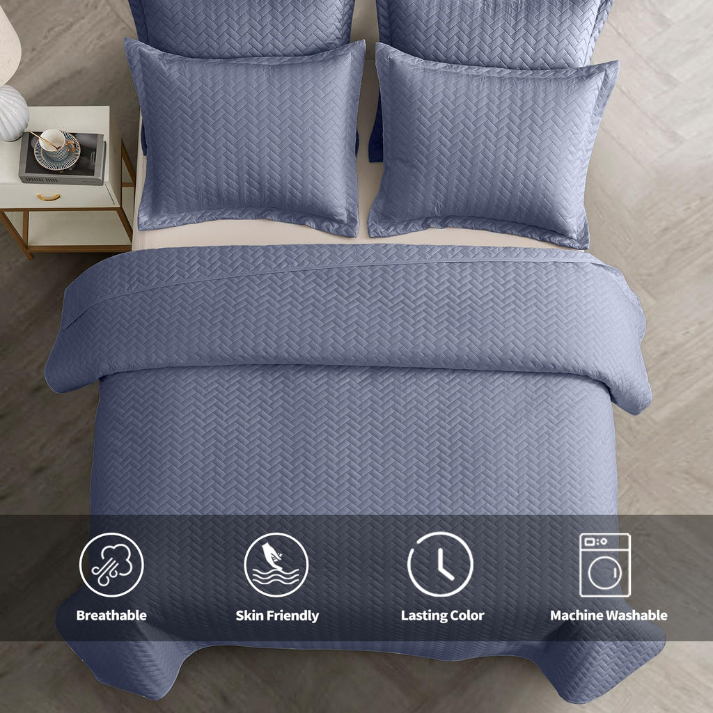 Maple&Stone Quilt Set Oversized King Size, 128''X120'' Lightweight Mineral Blue Bedspread Ultrasonic Chevron Pattern Light Cover