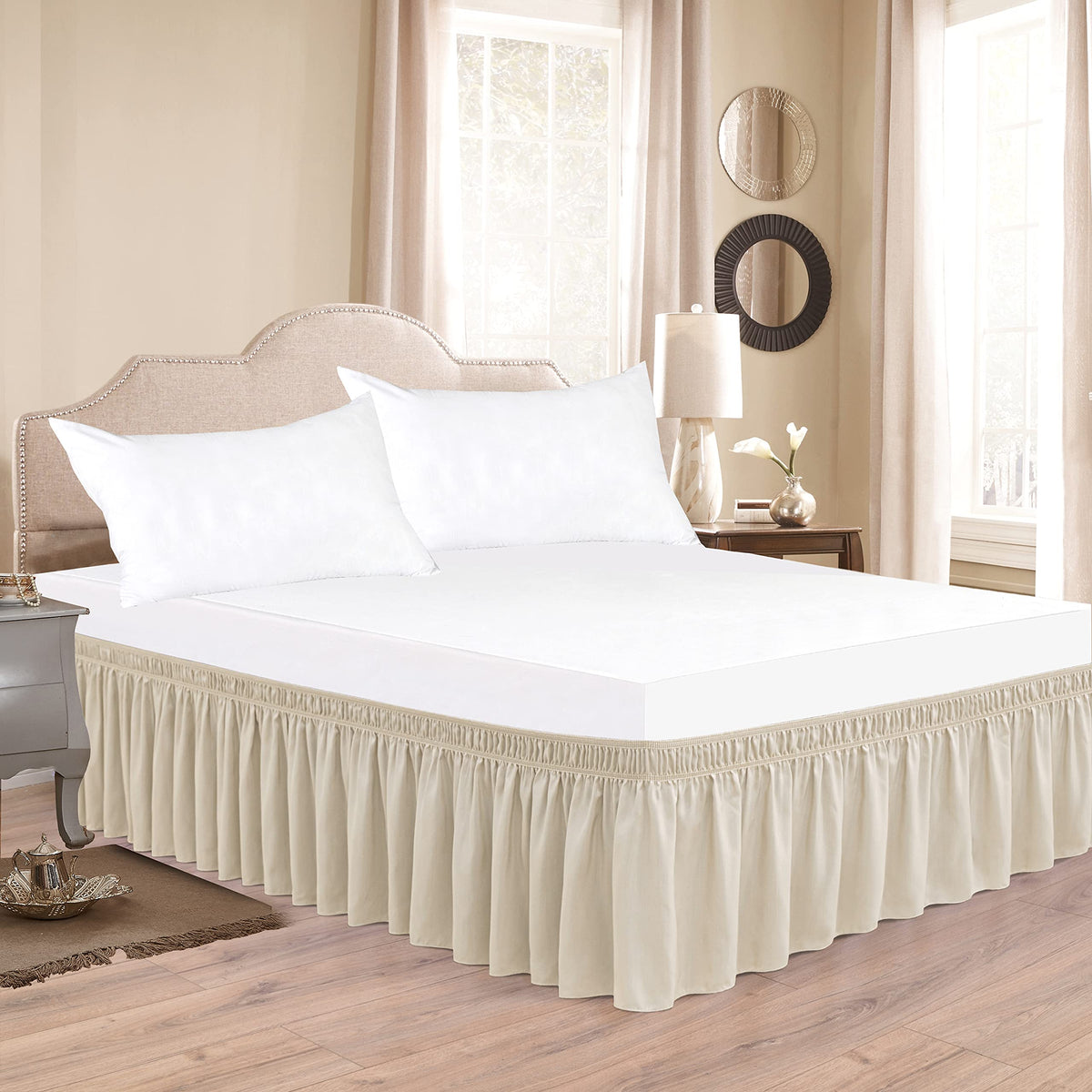 Biscaynebay Wrap Around Bed Skirts - Queen 14" Drop, Light Camel, Polyester, Adjustable Dust Ruffles, Machine Washable, Model FLORABS2428