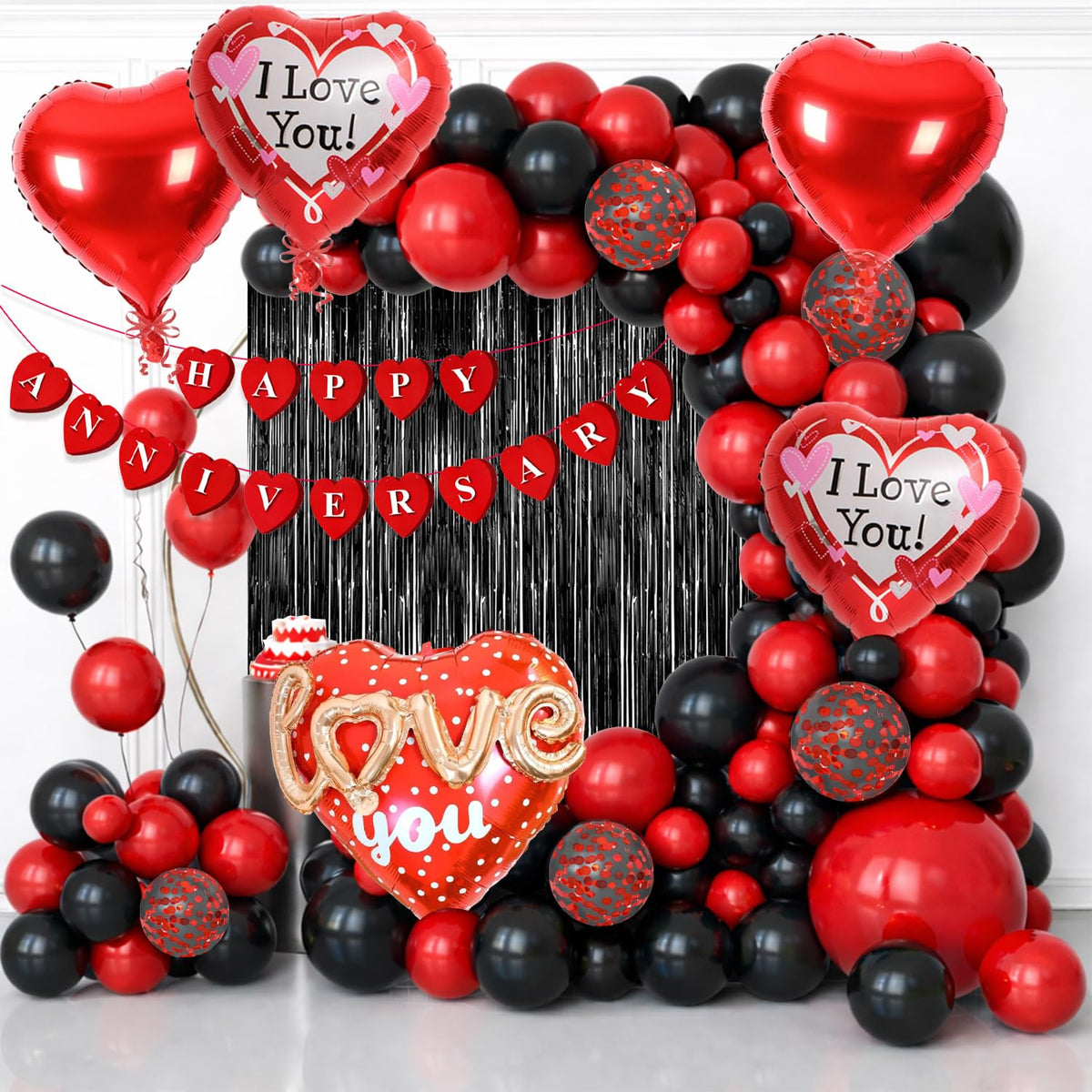 Rozi Decoration Red & Black Happy Anniversary Backdrop Decoration Combo Set of 63 Pcs, Balloons Garland Decoration Items for 50t