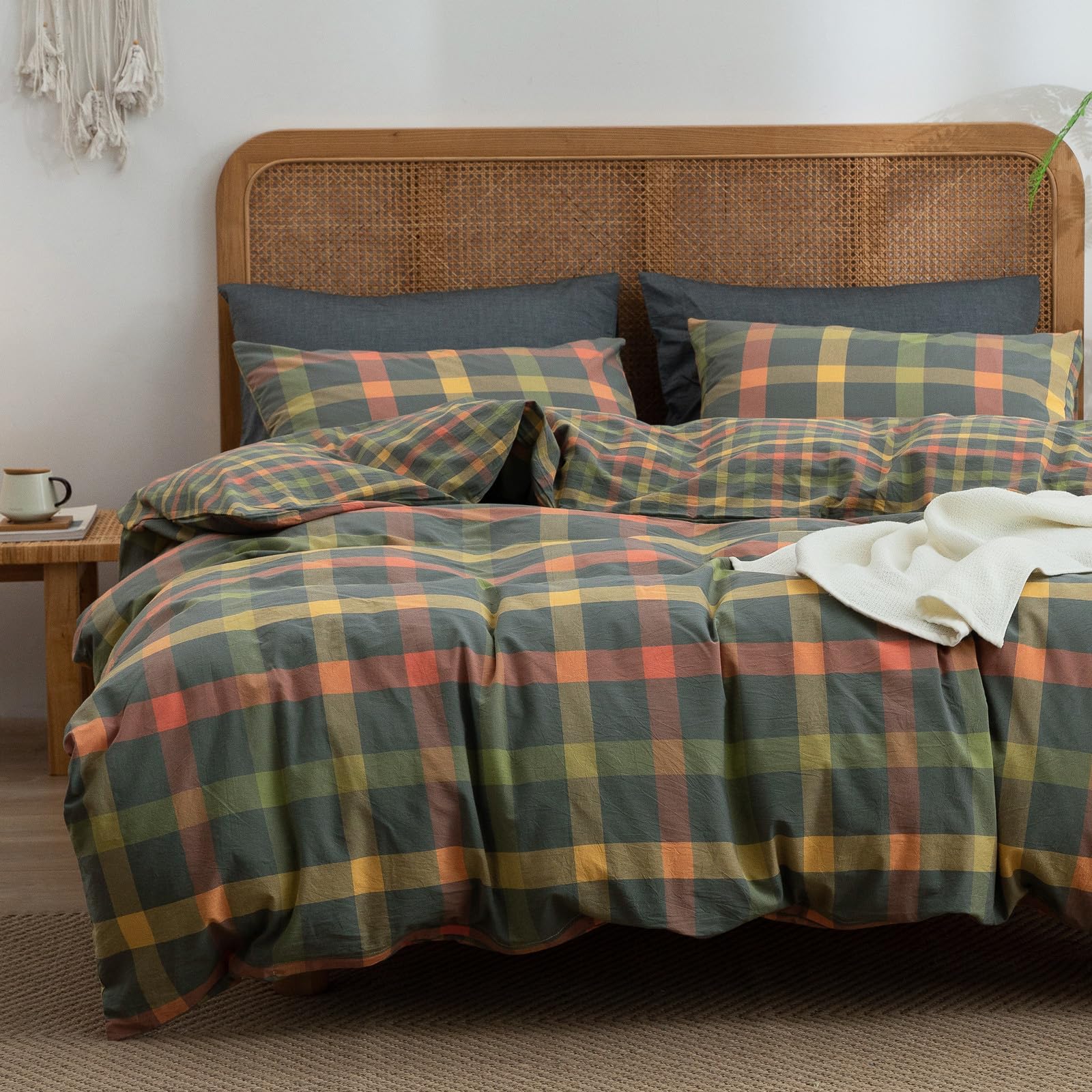 Vm Vougemarket Plaid Duvet Cover Set Queen Washed Cotton Reversible Bedding Multicolor Buffalo Grid Duvet Cover With 2 Pillowcas