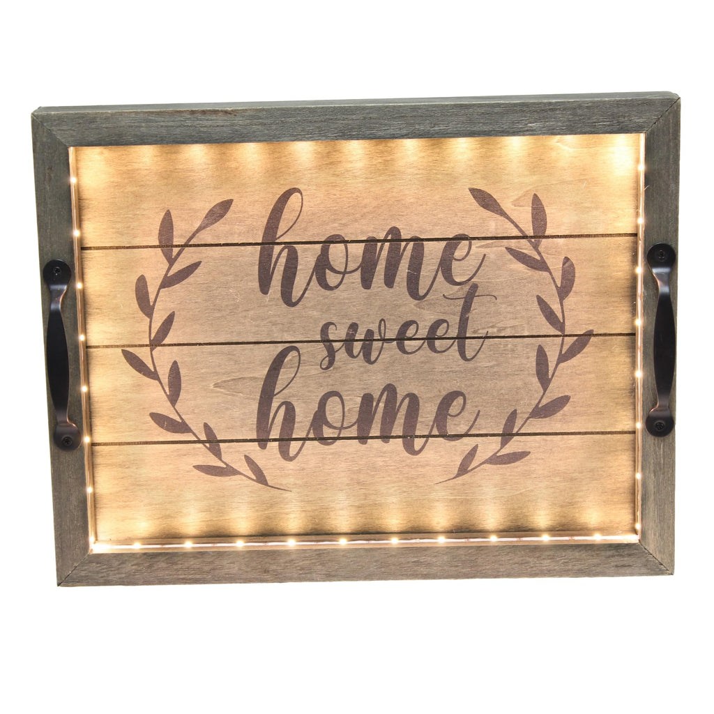 Elegant Designs Hg2032-Rgs Salento Farmhouse Rectangular Decorative Led Light Up Wooden Serving Tray W Metal Handles & Home Sweet Home In Black For Décor, Centerpiece, Breakfast, Bar, Rustic Gray