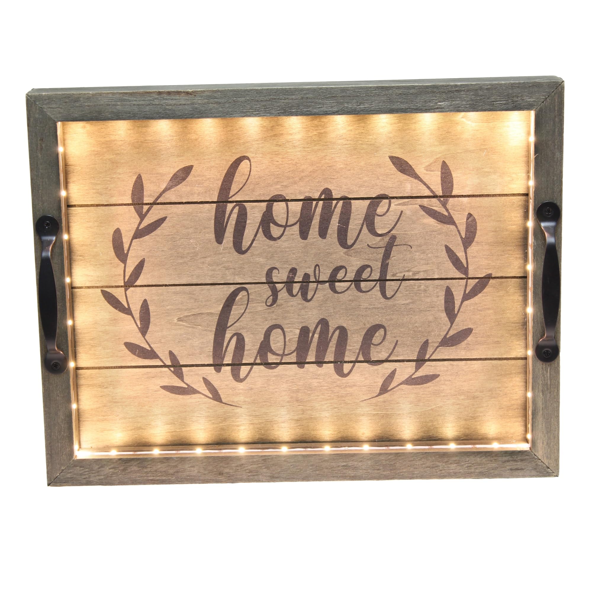 Elegant Designs Hg2032-Rgs Salento Farmhouse Rectangular Decorative Led Light Up Wooden Serving Tray W Metal Handles & Home Sweet Home In Black For Décor, Centerpiece, Breakfast, Bar, Rustic Gray