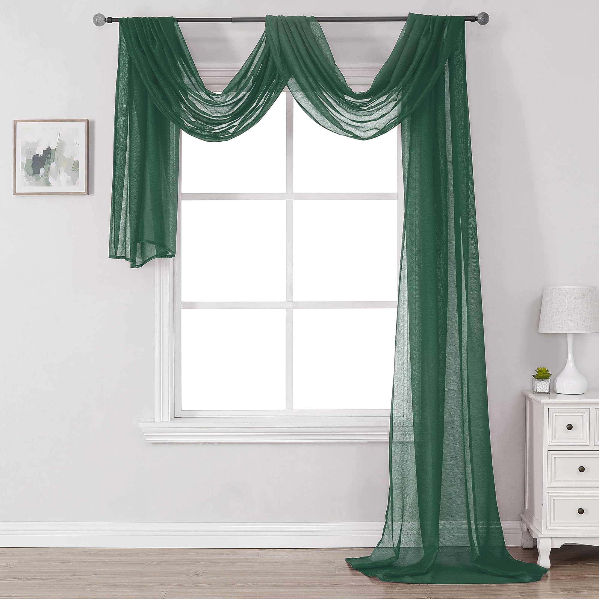 DONREN Dark Hunter Green Sheer Window Scarf Valance - Luxury Soft Semi Sheer Scarf for Window Wedding Arch Sheer Curtains Scarf 