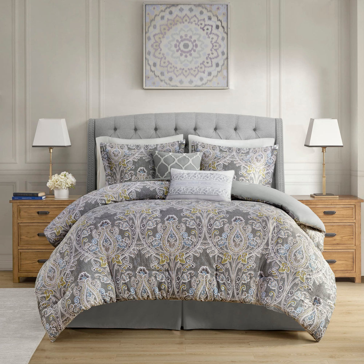 Harbor House Cozy Cotton Comforter Set - Classic Modern Design, All Season Down Alternative Casual Bedding, Matching Shams, Hallie, Damask Grey King(110'X96') 6 Piece