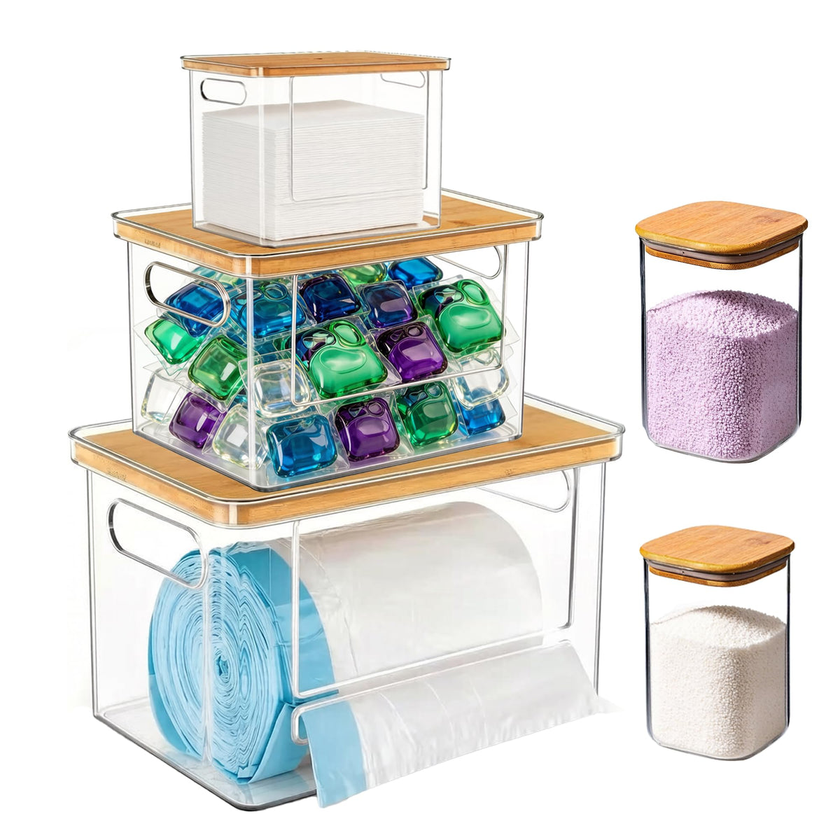 FullCan 5in1 Trash Bag Dispenser, Dishwasher Pod Organizer, Dryer Sheet Storage Box, 2 Sealed Bottles for Scent Booster for Pa