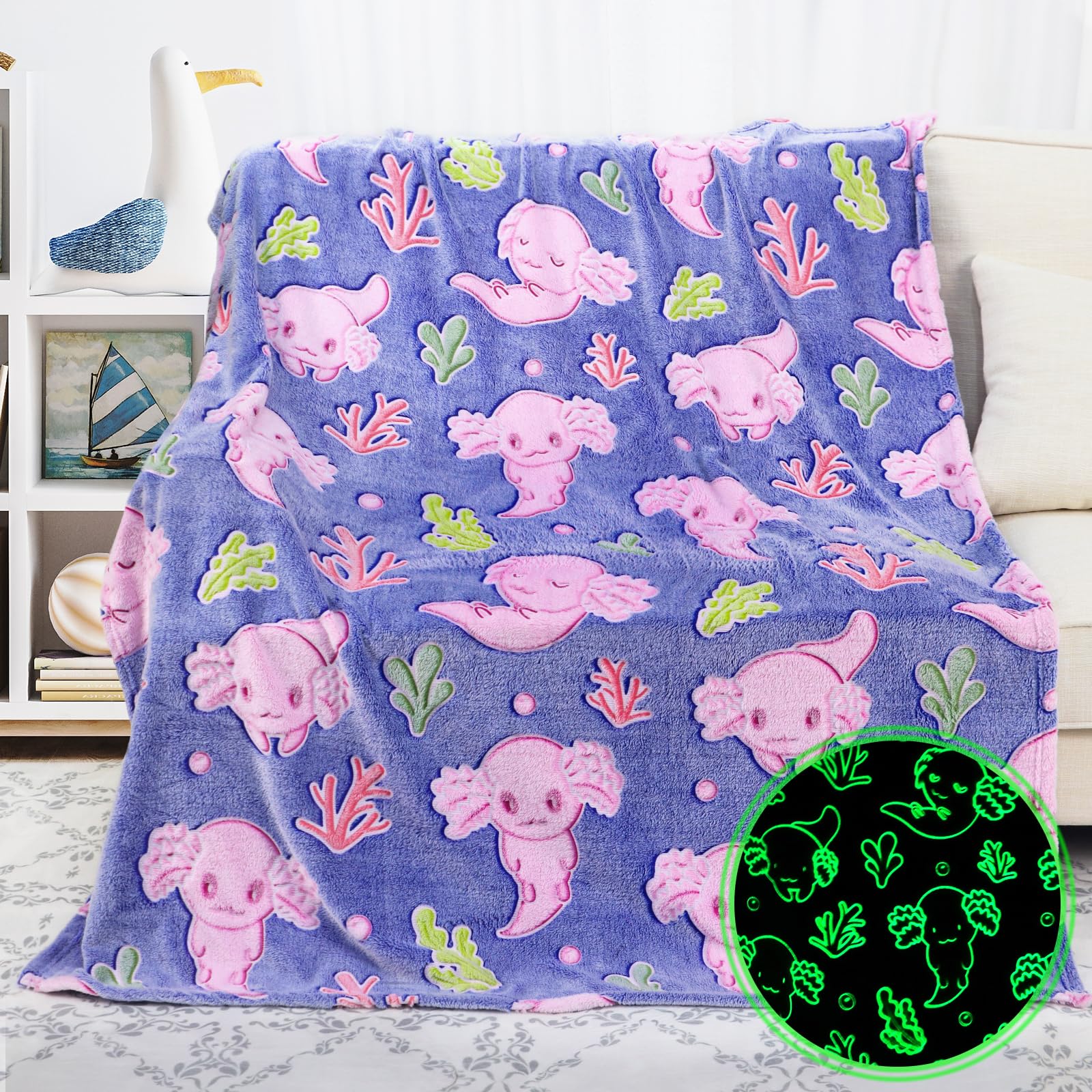 Kivee Cute Axolotl Blanket Glow In The Dark Blanket Axolotl Gifts Toys For Girls Birthday Axolotl Room Decor 60'X80'