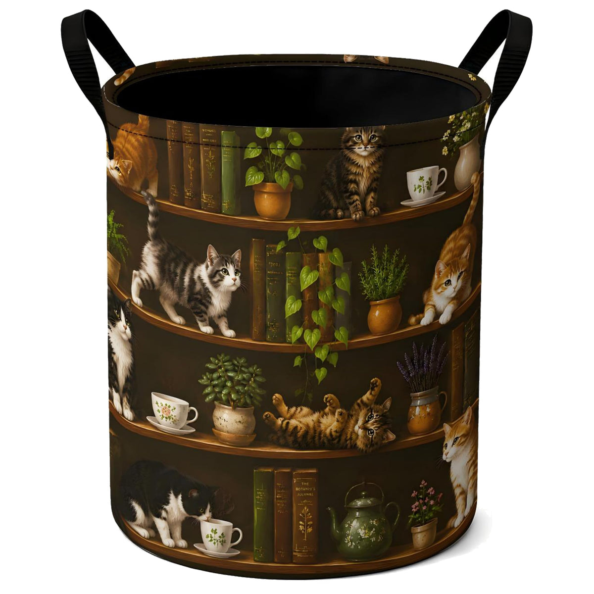 Cat Bookshelf Laundry Hamper Basket, Foldable Oxford Fabric with Handles