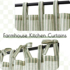 Jinchan Kitchen Curtains 36 Inch Length Striped Tie Top Linen Tier Curtains Short Curtains For Living Room Bedroom Bathroom Farmhouse Light Filtering Rod Pocket Cafe Curtains 2 Panels Sage On Beige