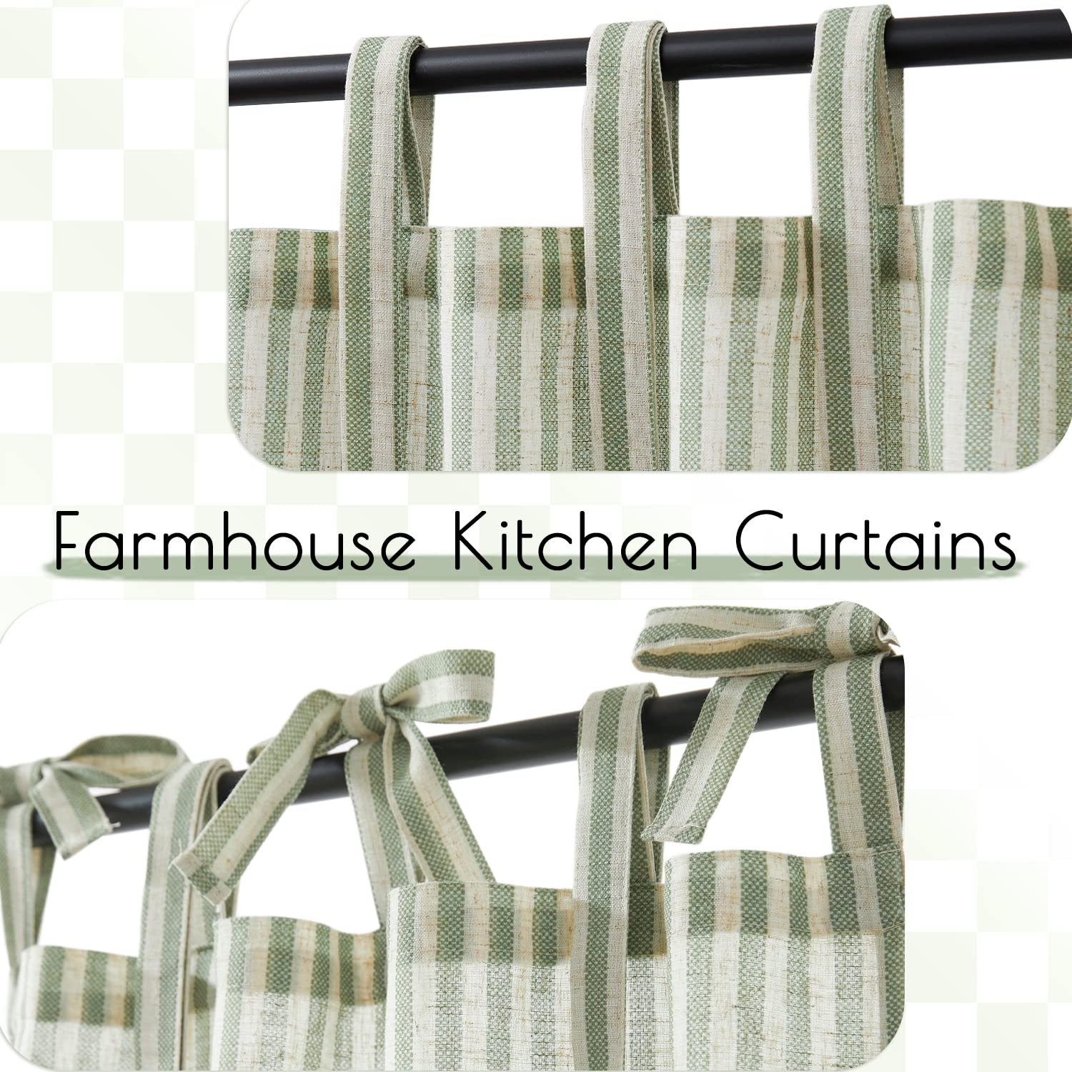 Jinchan Kitchen Curtains 36 Inch Length Striped Tie Top Linen Tier Curtains Short Curtains For Living Room Bedroom Bathroom Farmhouse Light Filtering Rod Pocket Cafe Curtains 2 Panels Sage On Beige