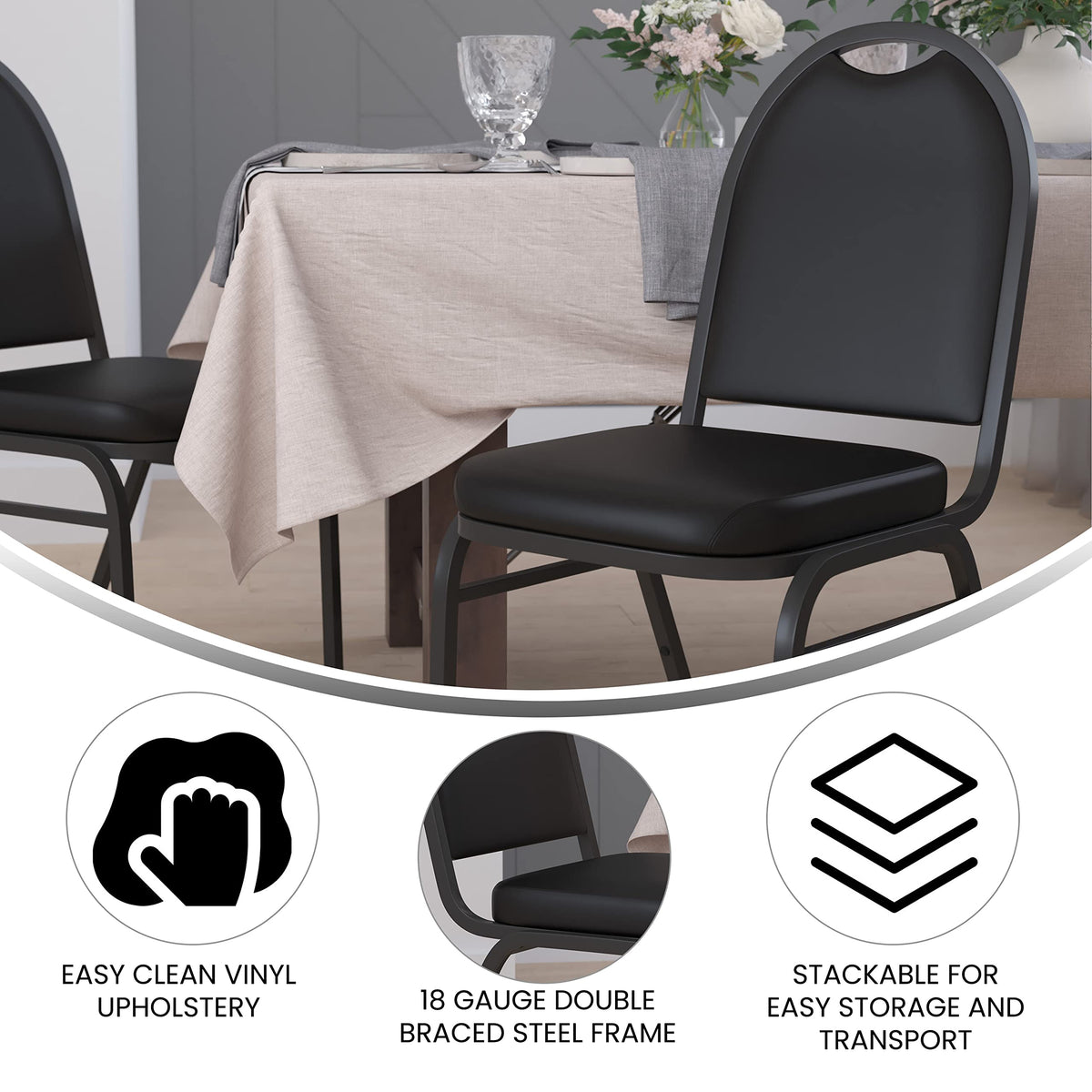 Flash Furniture HERCULES Commercial Grade 500 LB. Capacity Dome Back Stack Chair - Black Vinyl Upholstery - Black Metal Frame - Built-In Handle