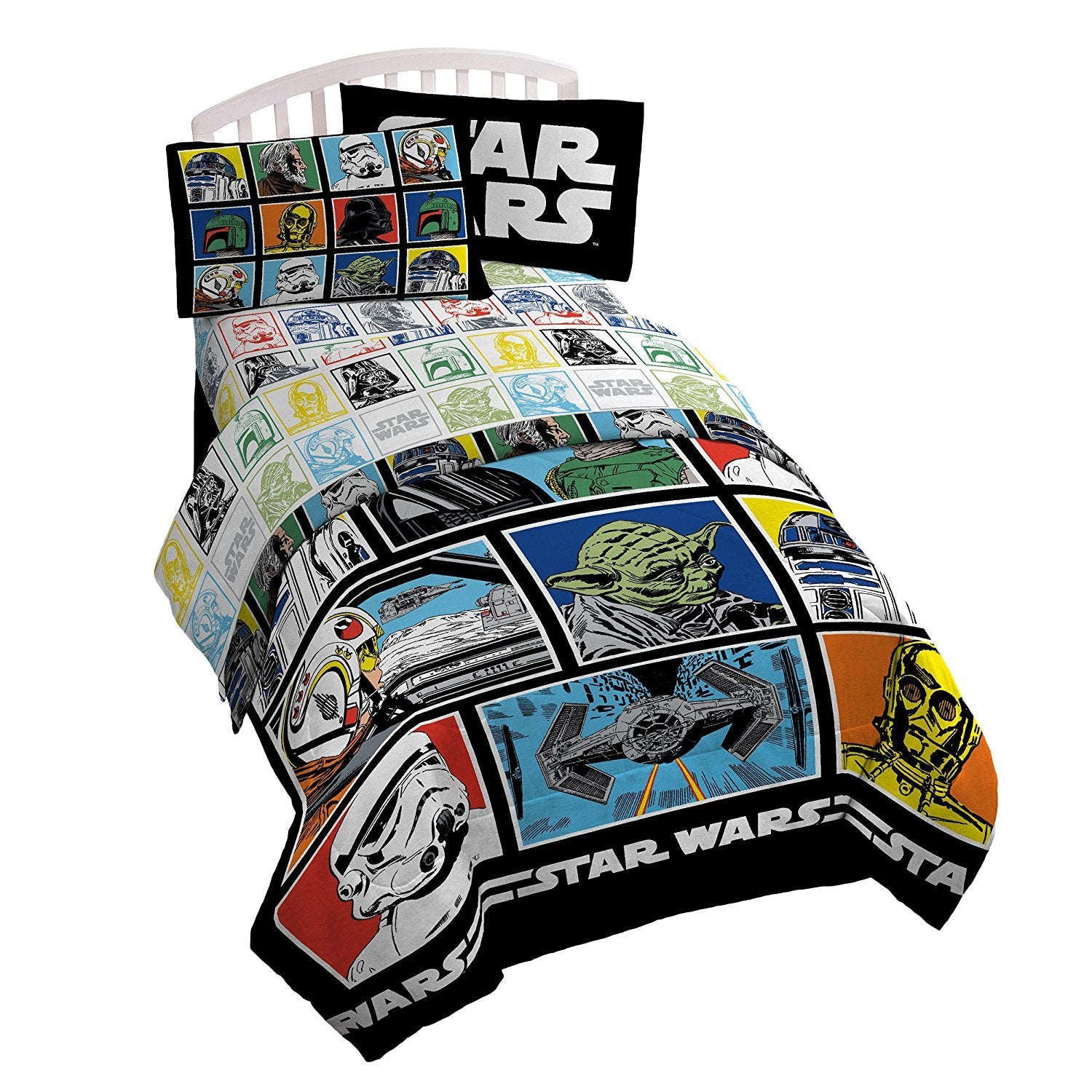 Star Wars Classic Grid Full Comforter - Super Soft Kids Reversible Bedding Features Darth Vader, Stormtrooper, And Chewbacca - F