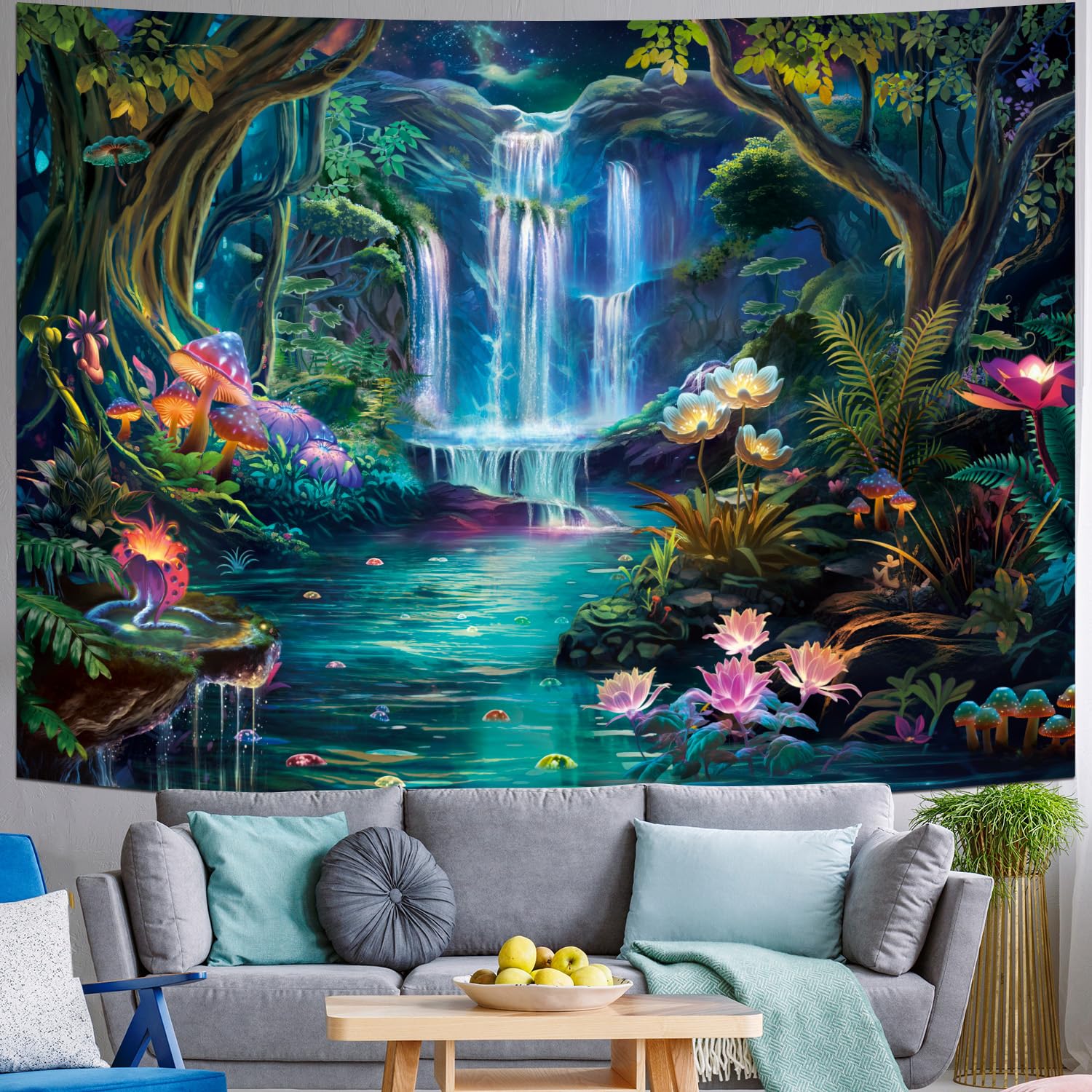 Generleo Forest Tapestry Mushroom Flower Tapestry Natural Landscape Waterfall Tapestry Colorful Floral Plants Wall Tapestry Fant