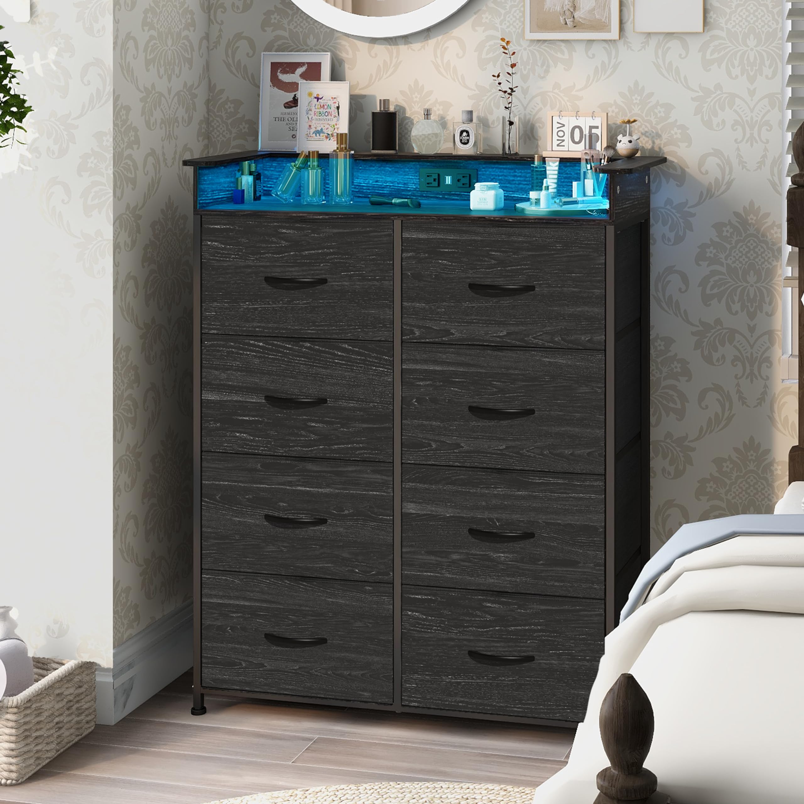 Welfuturer Fabric Dresser for Bedroom with LED Light and Charing Station Tall Dresser with 8 Drawers Black Dresser & Chest of Dr