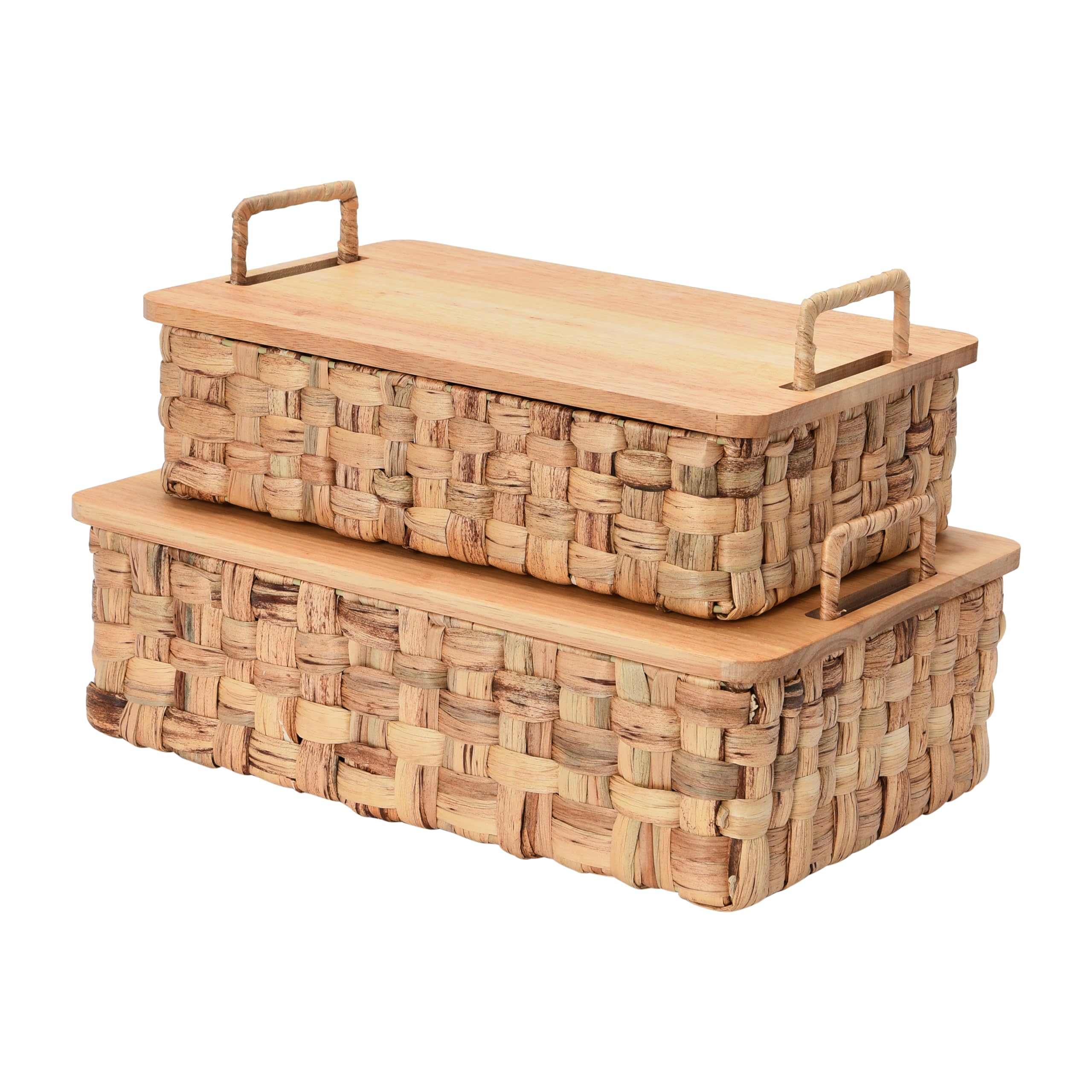 Household Essentials Stackable Hyacinth Baskets with Oak Lids, Natural, Set of 2
