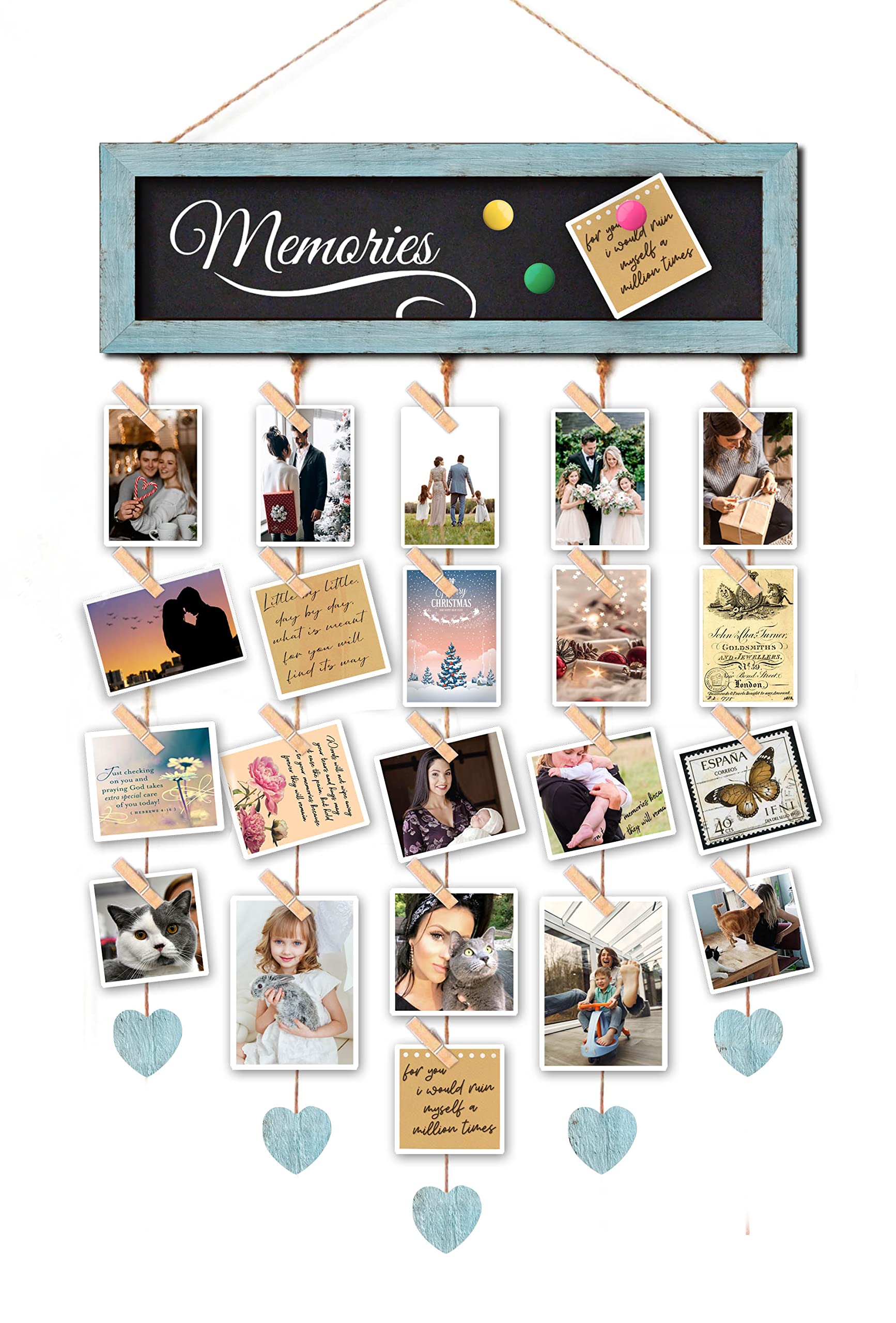 EXQUIDECA Picture Frames Collage Display Board with 30 Clips - Multi Photos Cards Organizer with Adjustable Twines and Magnetic 