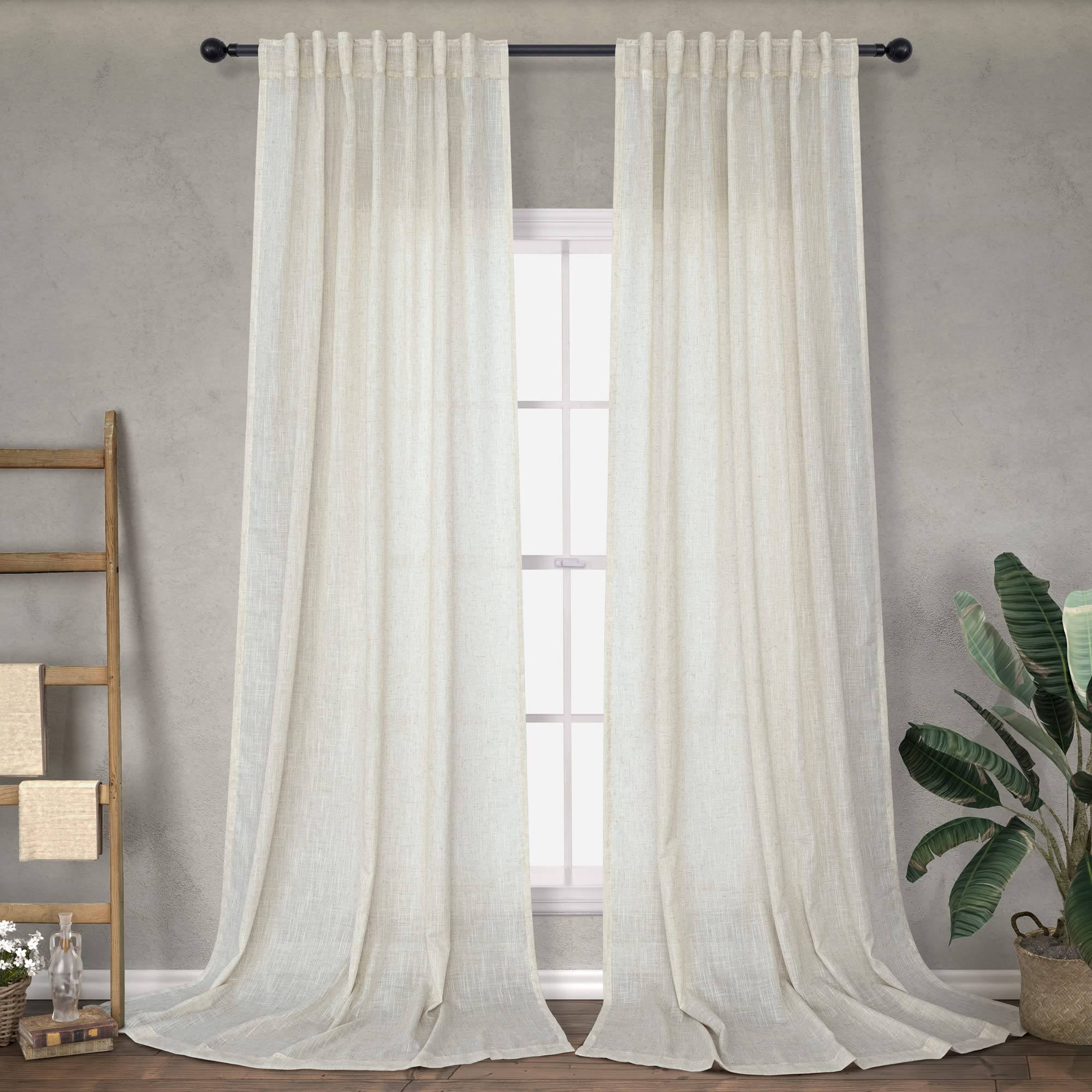 Crem Linen Curtains 102 Inches Long For Living Room Bedroom 2 Panels Back Tab Pocket Light Filtering Neutral Large Window Drape