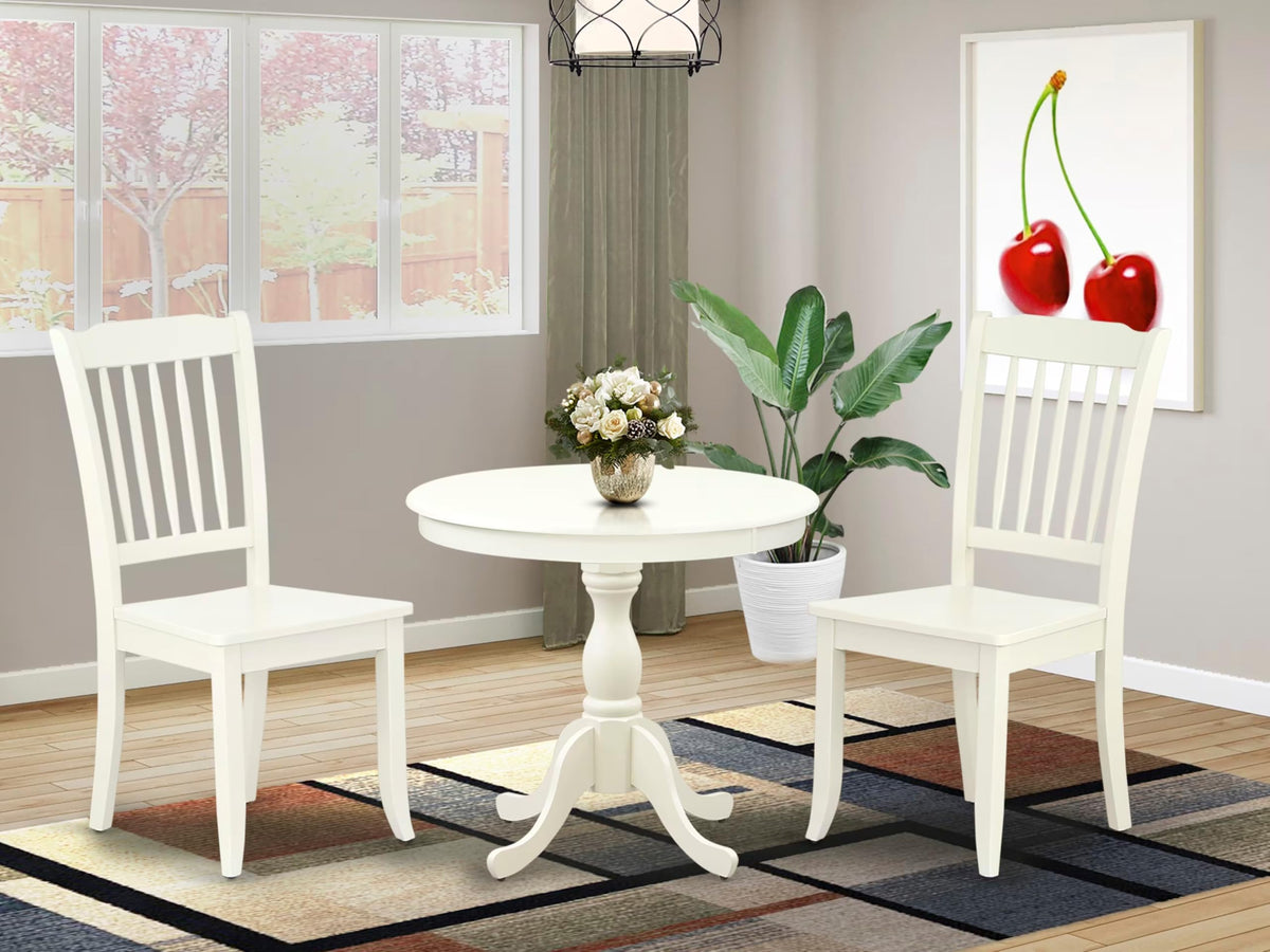 East West Furniture AMDA3-LWH-W 3 Piece Dinette Set for Small Spaces Contains a Round Kitchen Table with Pedestal and 2 Dining Chairs, 36x36 Inch, Linen White