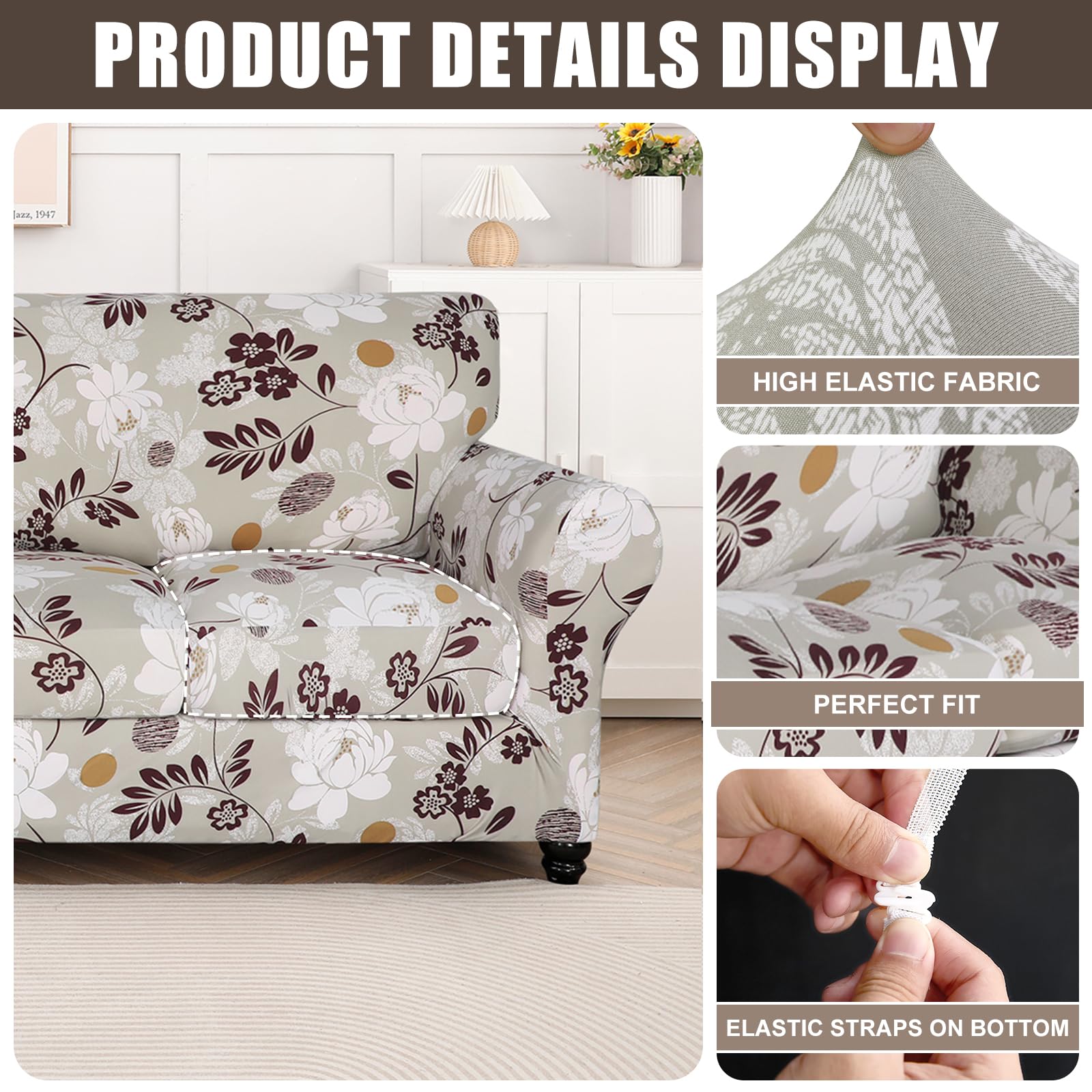Searchi Stretch Sofa Cover Printed Couch Cover, Floral Pattern 3 Pieces Loveseat Slipcover With 2 Separate Cushion Cover, Washable Furniture Protector For Living Room(Loveseat, Brown Flowers)