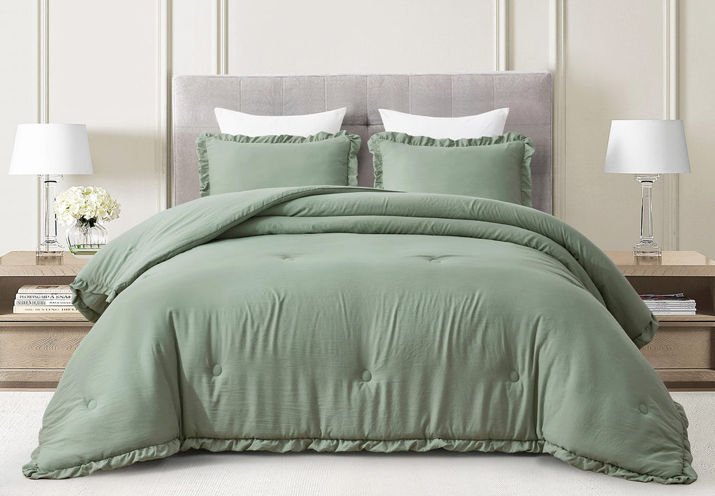 Chezmoi Collection Nora 3-Piece Ruffled Edge Trim Soft Washed Microfiber Comforter Set (Full, Sage Green)