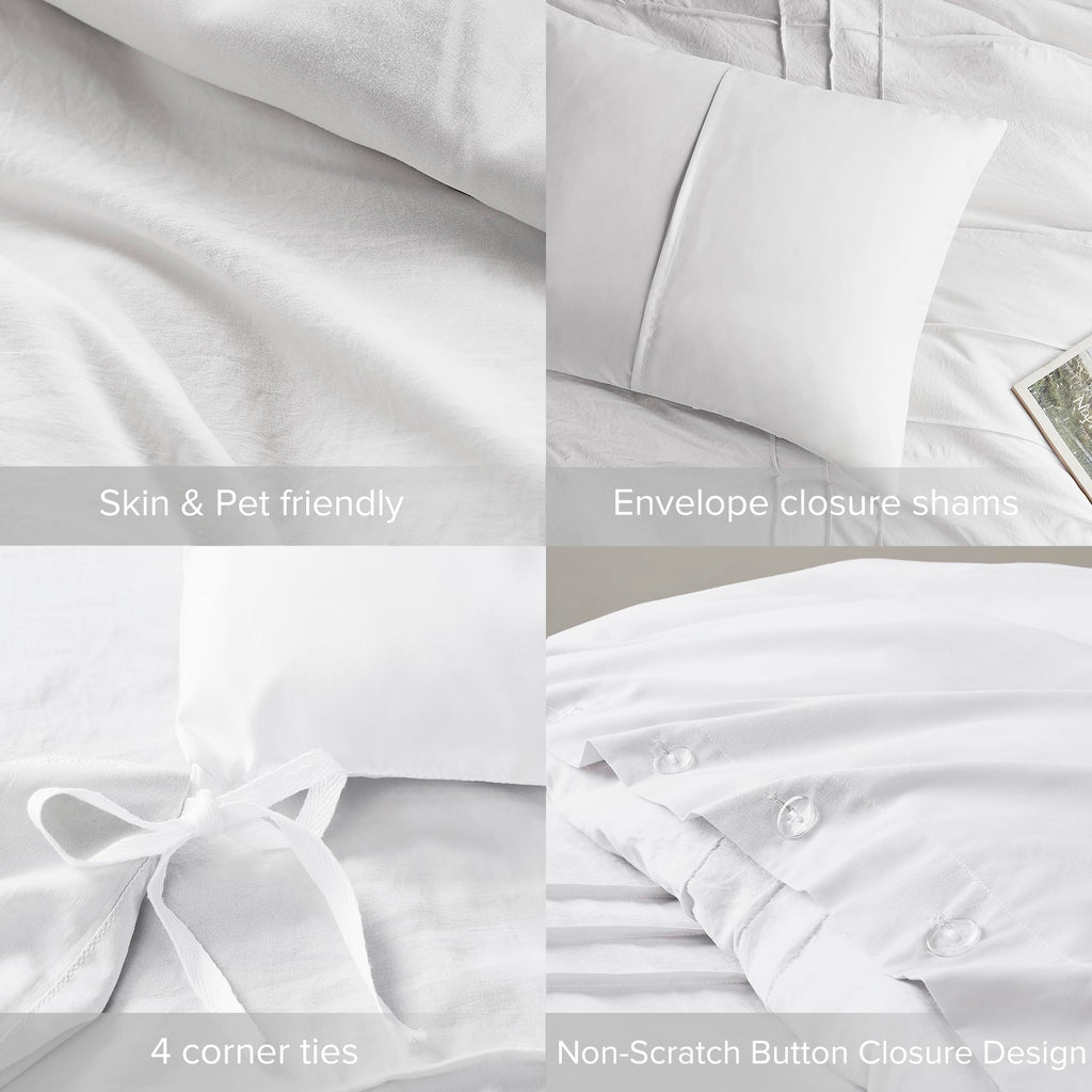 Comfort Spaces White King Size Duvet Cover Set - 3 Pieces Pintuck Pleated Duvet Cover King, All Season Lightweight, Extra Softness Pre-Washed Microfiber King Bedding Cover Shams, King/Cal King