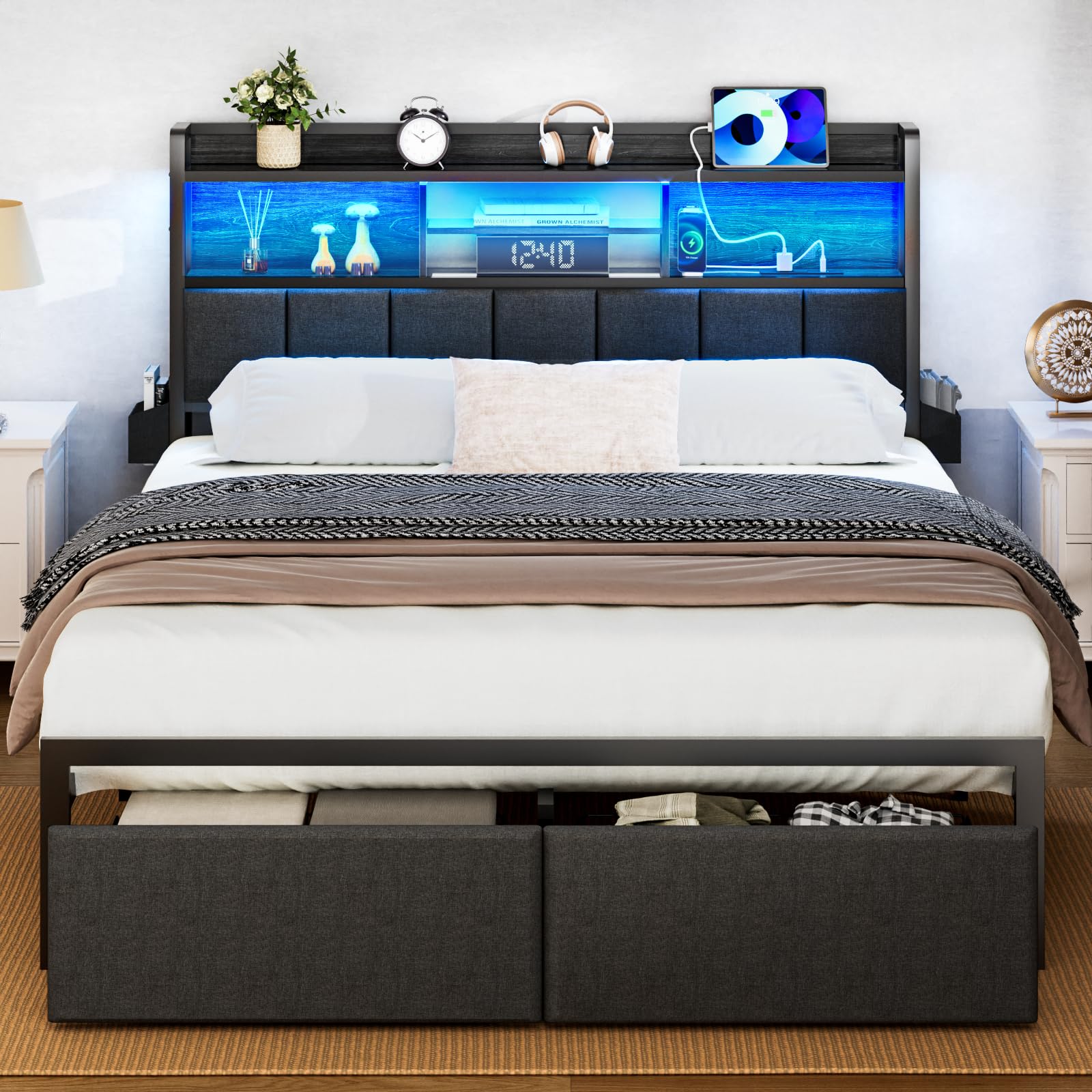 Furnulem Queen Bed Frame with Storage Drawers, Upholstered Headboard with Storage Shelf, LED Lights and Charging Station, Metal 