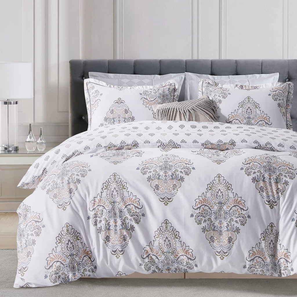 Sleepbella Comforter Twin Size, 600 Thread Count Cotton Yellow & Blue Damask With Taupe Brown Reversible Pattern White Comforter
