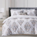Sleepbella Comforter Twin Size, 600 Thread Count Cotton Yellow & Blue Damask With Taupe Brown Reversible Pattern White Comforter