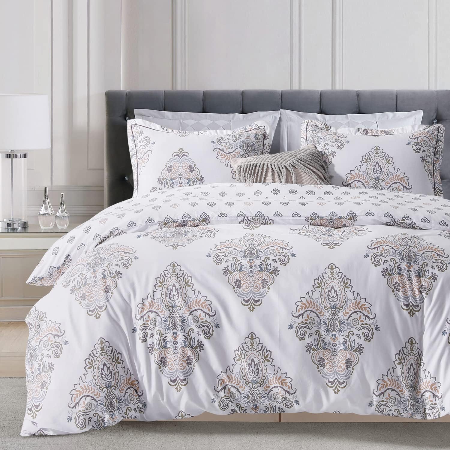 Sleepbella Comforter Twin Size, 600 Thread Count Cotton Yellow & Blue Damask With Taupe Brown Reversible Pattern White Comforter