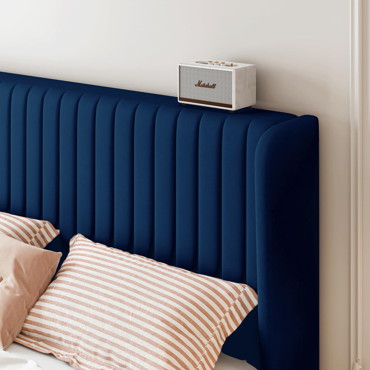 Sha Cerlin Full Size Velvet Bed Frame With Vertical Channel Tufted Wingback Headboard, Upholstered Platform Bed With Wood Slats, No Box Spring Needed, Easy Assembly, Blue