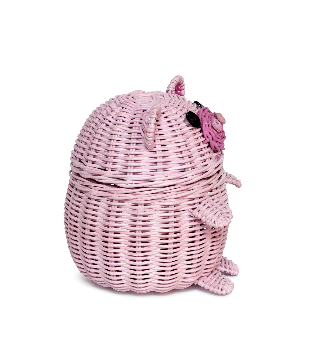 G6 Collection Pig Rattan Storage Basket With Lid Decorative Bin Home Decor Hand Woven Shelf Organizer Cute Handmade Handcrafted
