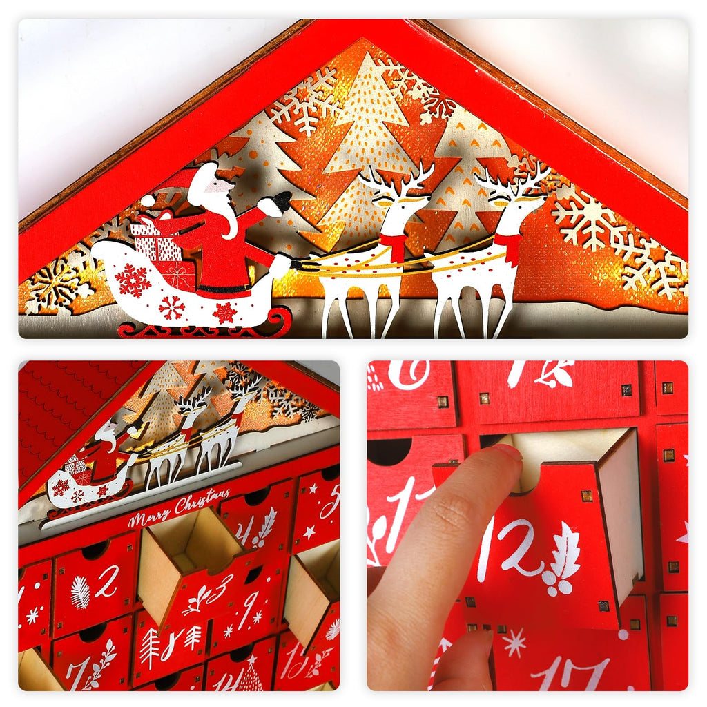 MorTime Lighted Wooden Advent Calendar with 24 Drawers, Red House Design, Christmas Decoration, Model T-FD-228