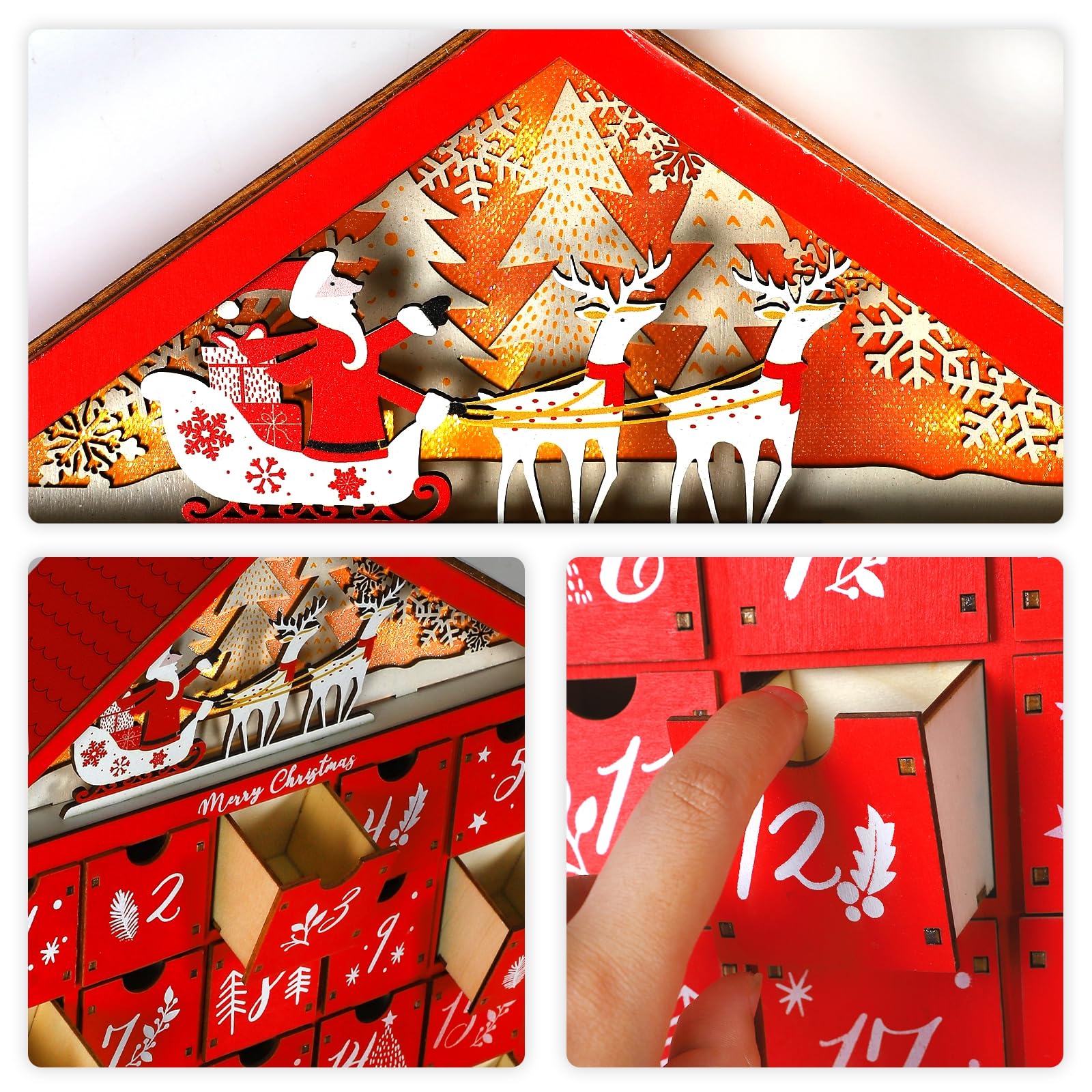 MorTime Lighted Wooden Advent Calendar with 24 Drawers, Red House Design, Christmas Decoration, Model T-FD-228
