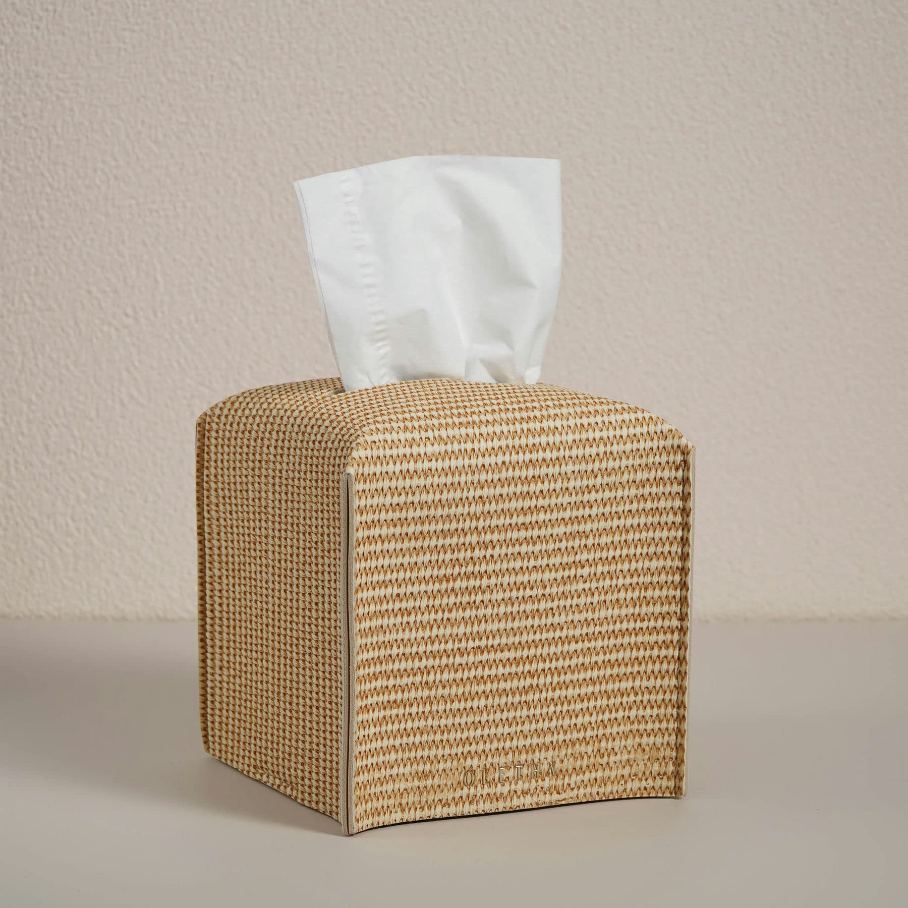 OLETHA Square Tissue Box Cover, Set of 2 - Aesthetic Tissues Cube Boxes Holder - Desk Decor for Room, Home & Office - Rattan Tex