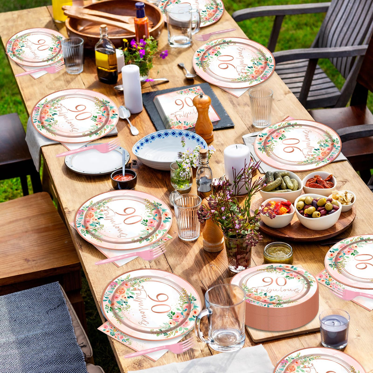 gisgfim Rose Gold 90th Birthday Party Tableware Set - 50 Guests, 200PCS Floral Paper Plates & Napkins, Fabulous Party Decorations